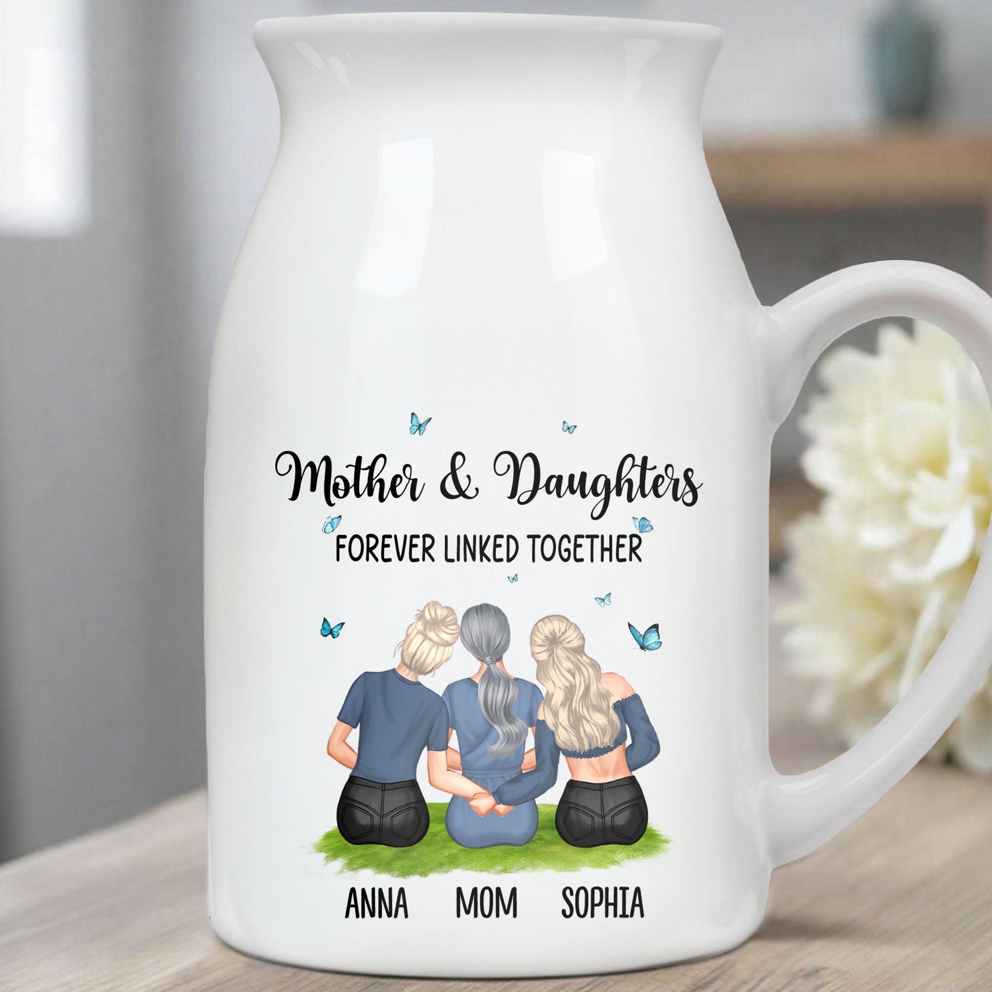 Mother & Daughters Forever Linked Together, Butterflies - Personalized Ceramic Flower Vase