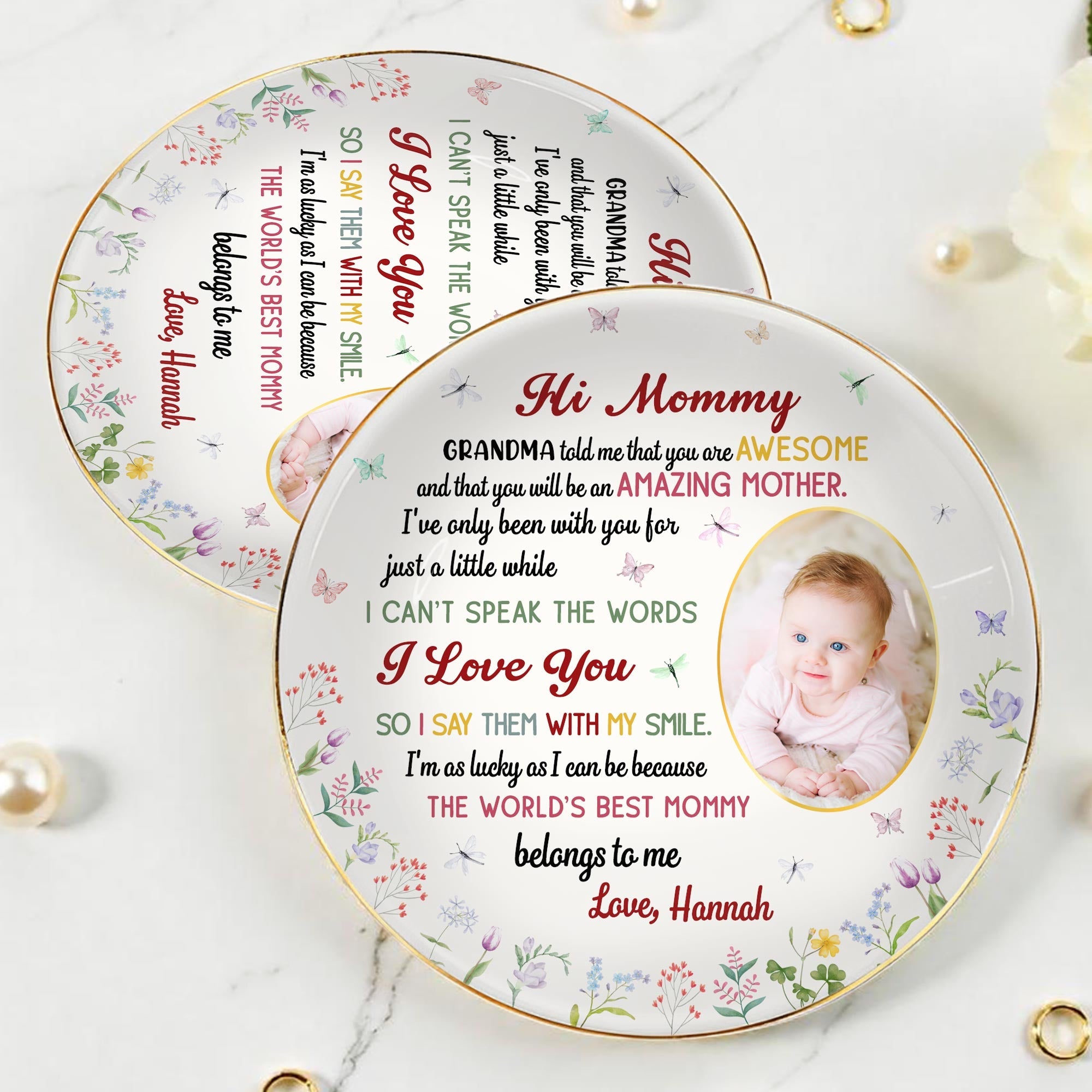 Hi Mommy, World's Best Mommy Belongs To Me, Baby and Flowers - Personalized Custom Jewelry Dish, Ceramic Dish, Round Shape - MOM053_RCRF