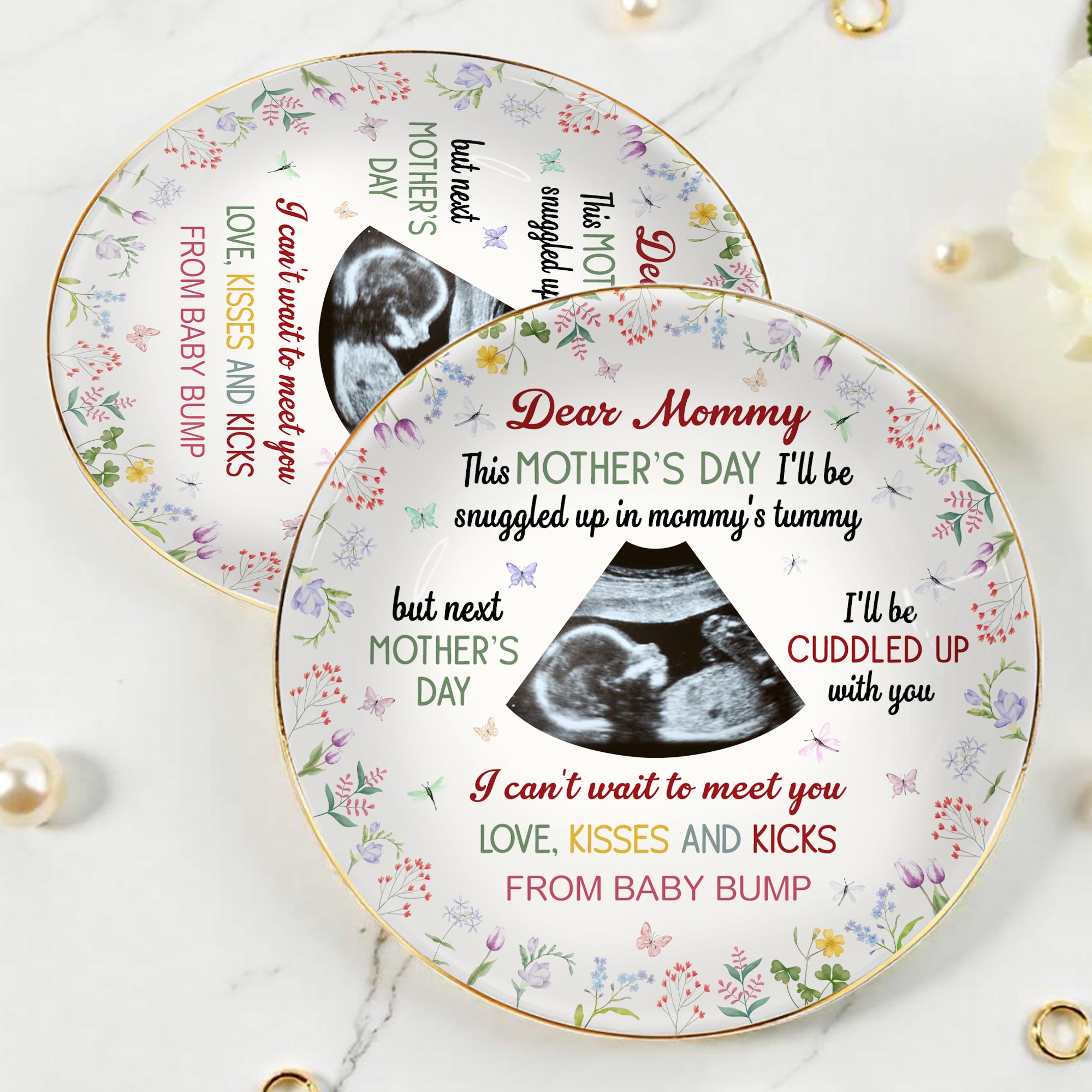 Dear Mommy, Love Kisses And Kicks From Baby Bump - Personalized Custom Jewelry Dish, Ceramic Dish, Round Shape - MOM056_RCRF
