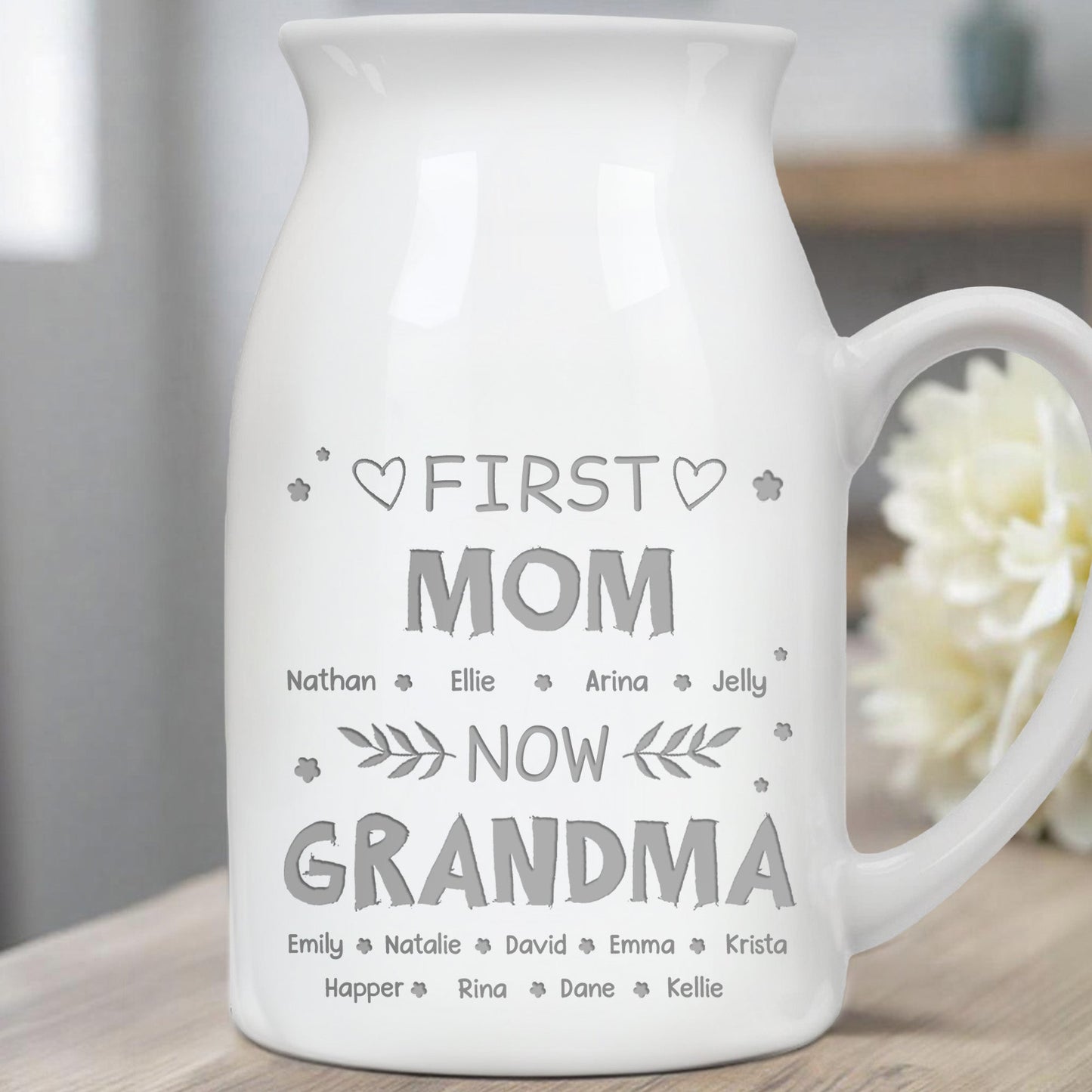 First Mom Now Grandma, Hearts and Leaves - Personalized Ceramic Flower Vase