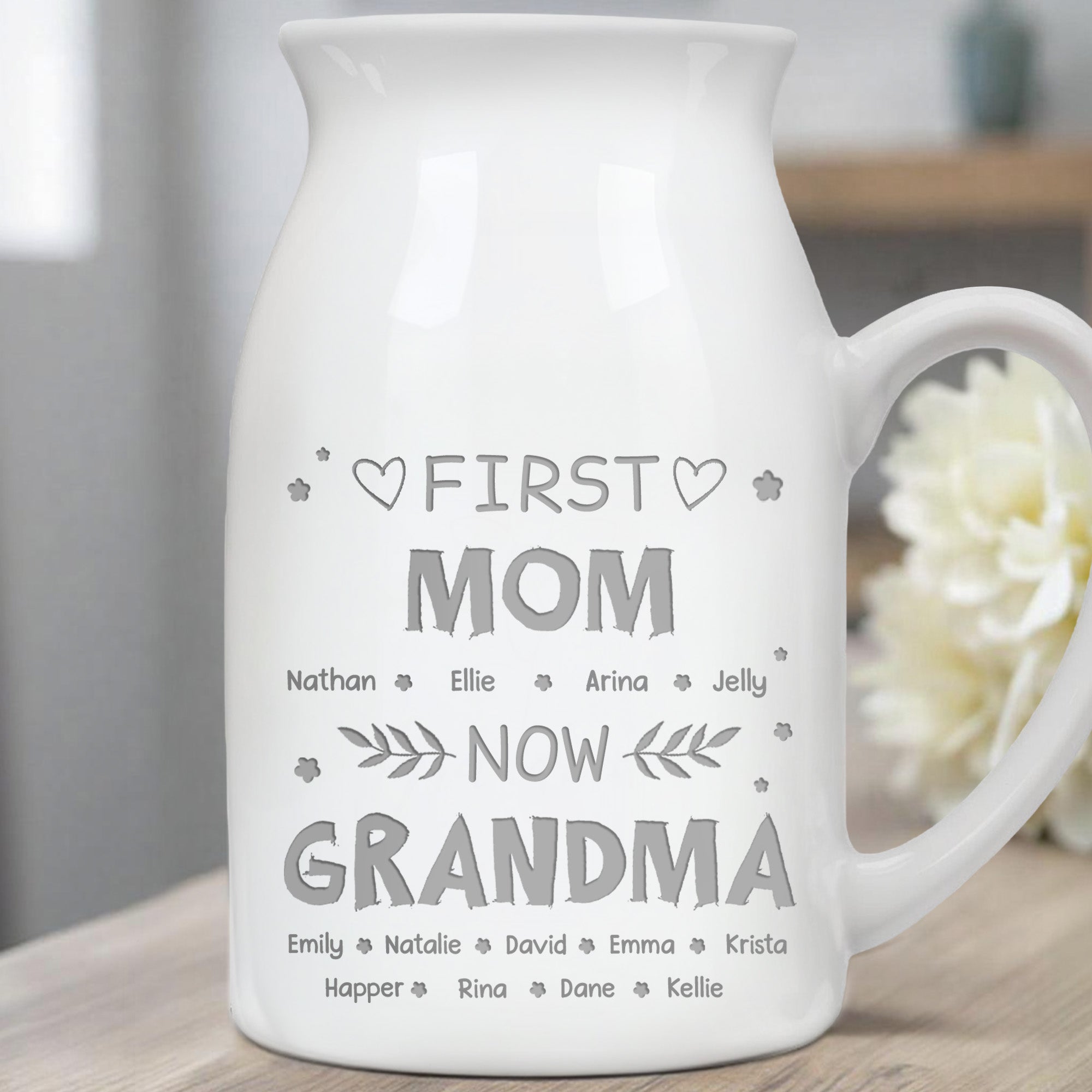 First Mom Now Grandma, Hearts and Leaves - Personalized Ceramic Flower Vase