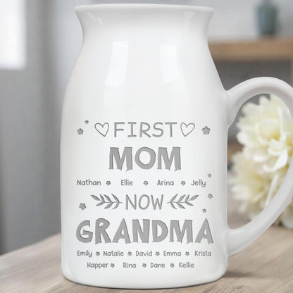 First Mom Now Grandma, Hearts and Leaves - Personalized Ceramic Flower Vase