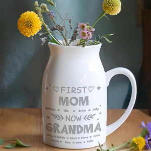 First Mom Now Grandma, Hearts and Leaves - Personalized Ceramic Flower Vase