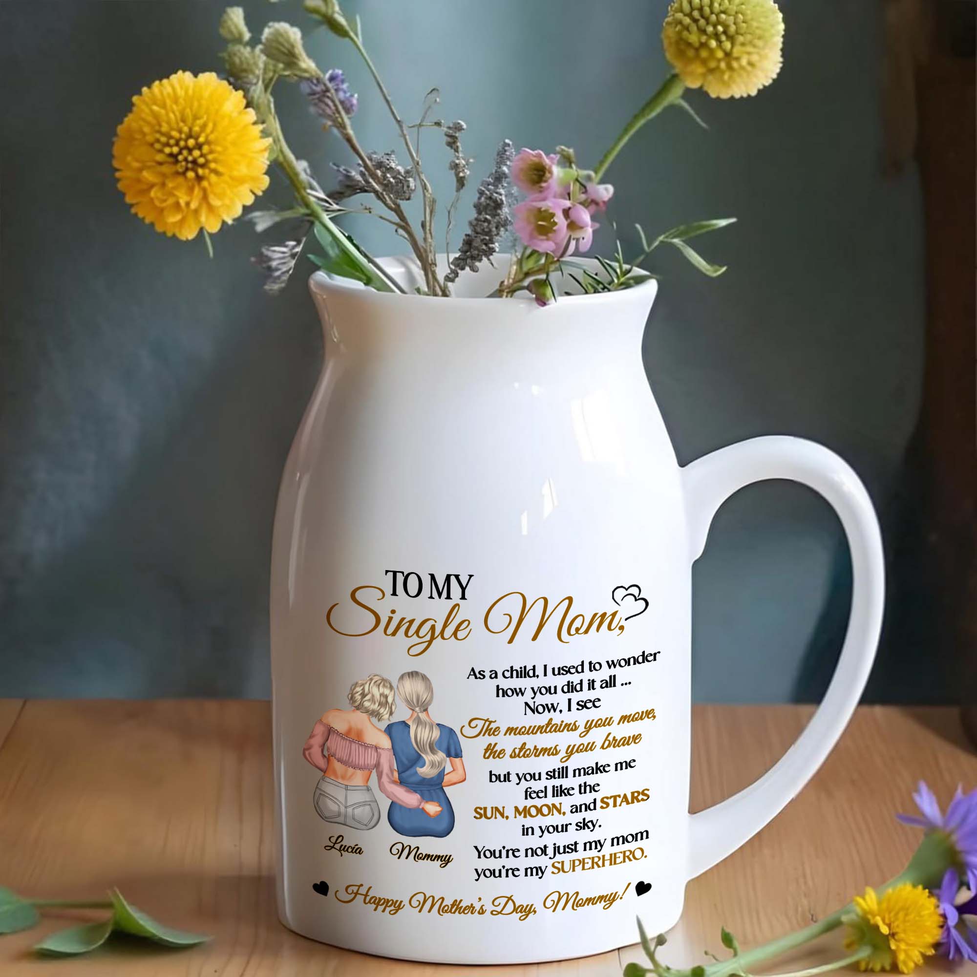 To My Single Mom, Feel Like The Sun, Moon, And Stars, Mother And Daughter - Personalized Ceramic Flower Vase