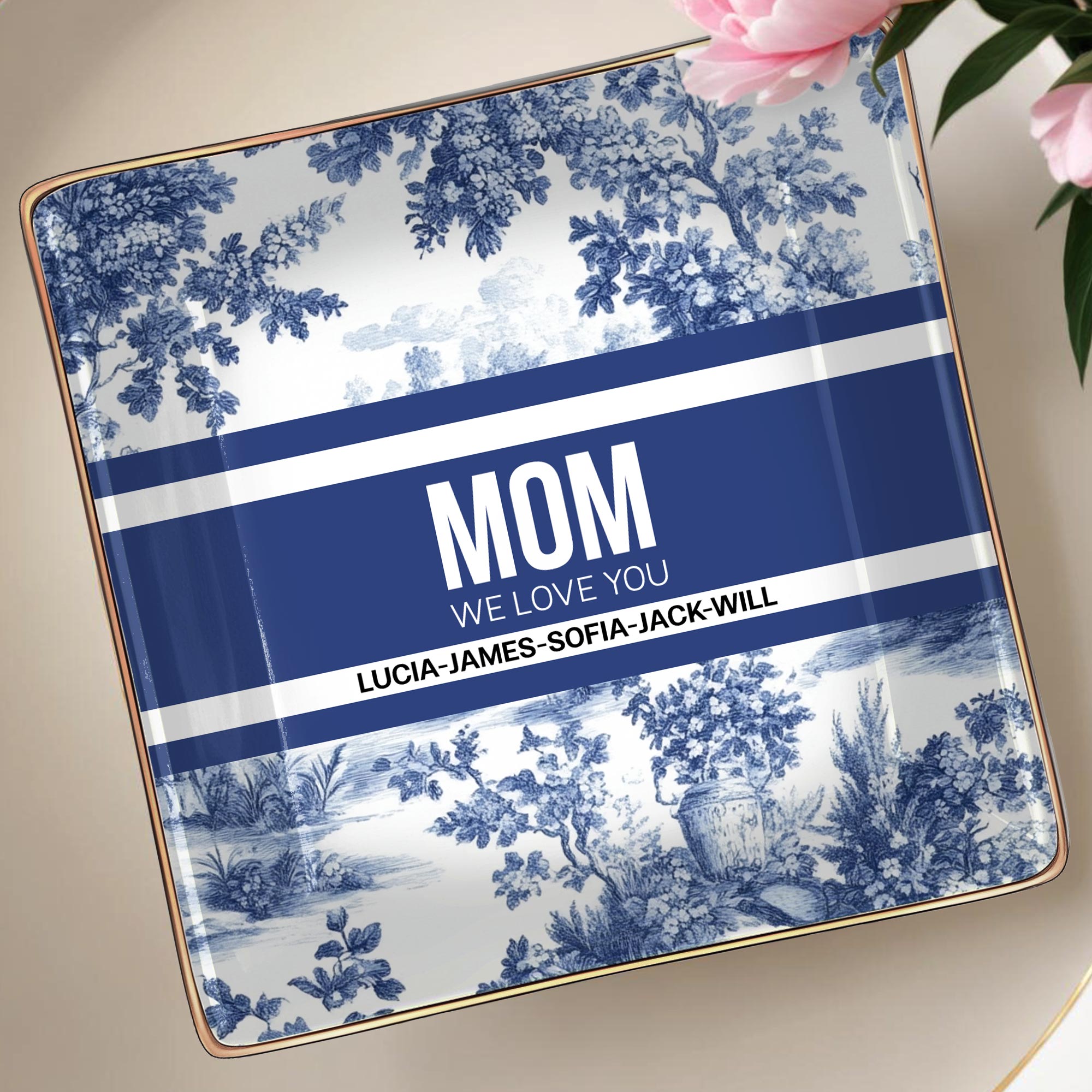 MOM We Love You, Ceramic Dish With Blue Floral Design - Personalized Custom Jewelry Dish, Ceramic Dish, Square Shape - MOM071_SCRF