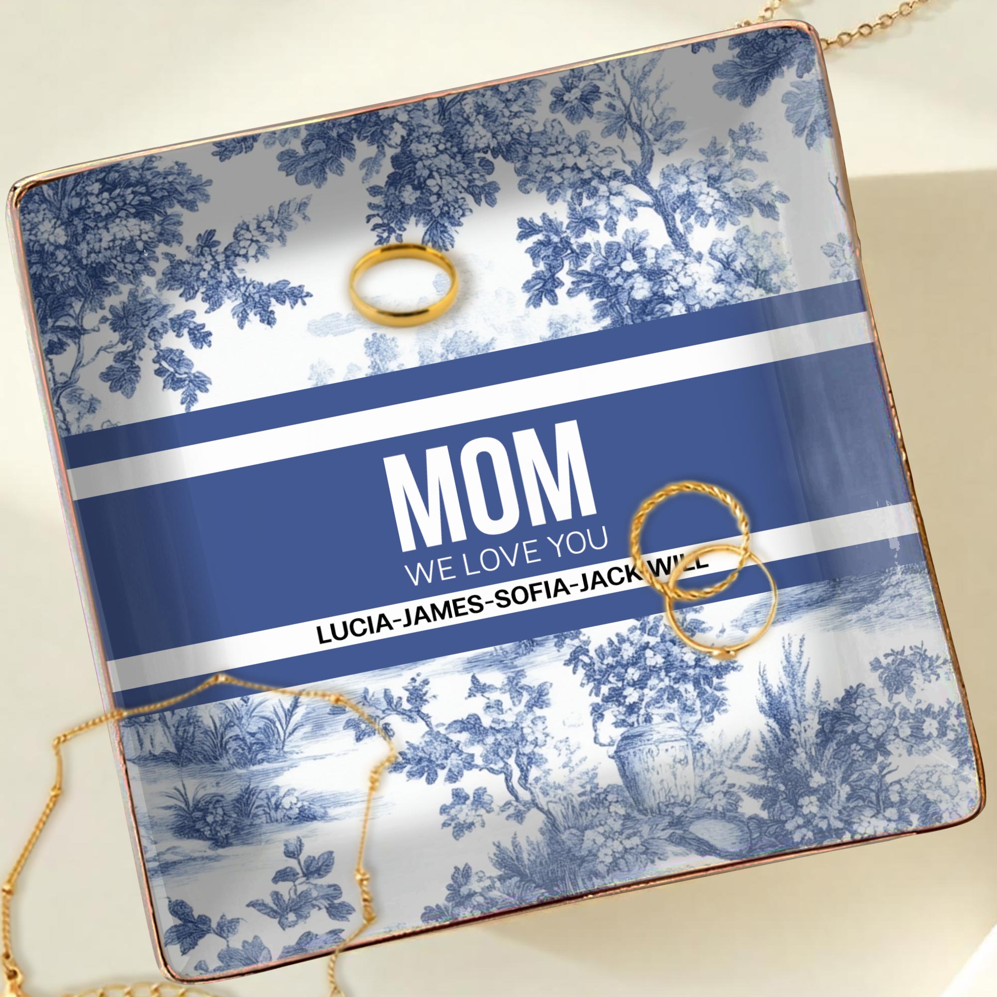 MOM We Love You, Ceramic Dish With Blue Floral Design - Personalized Custom Jewelry Dish, Ceramic Dish, Square Shape - MOM071_SCRF