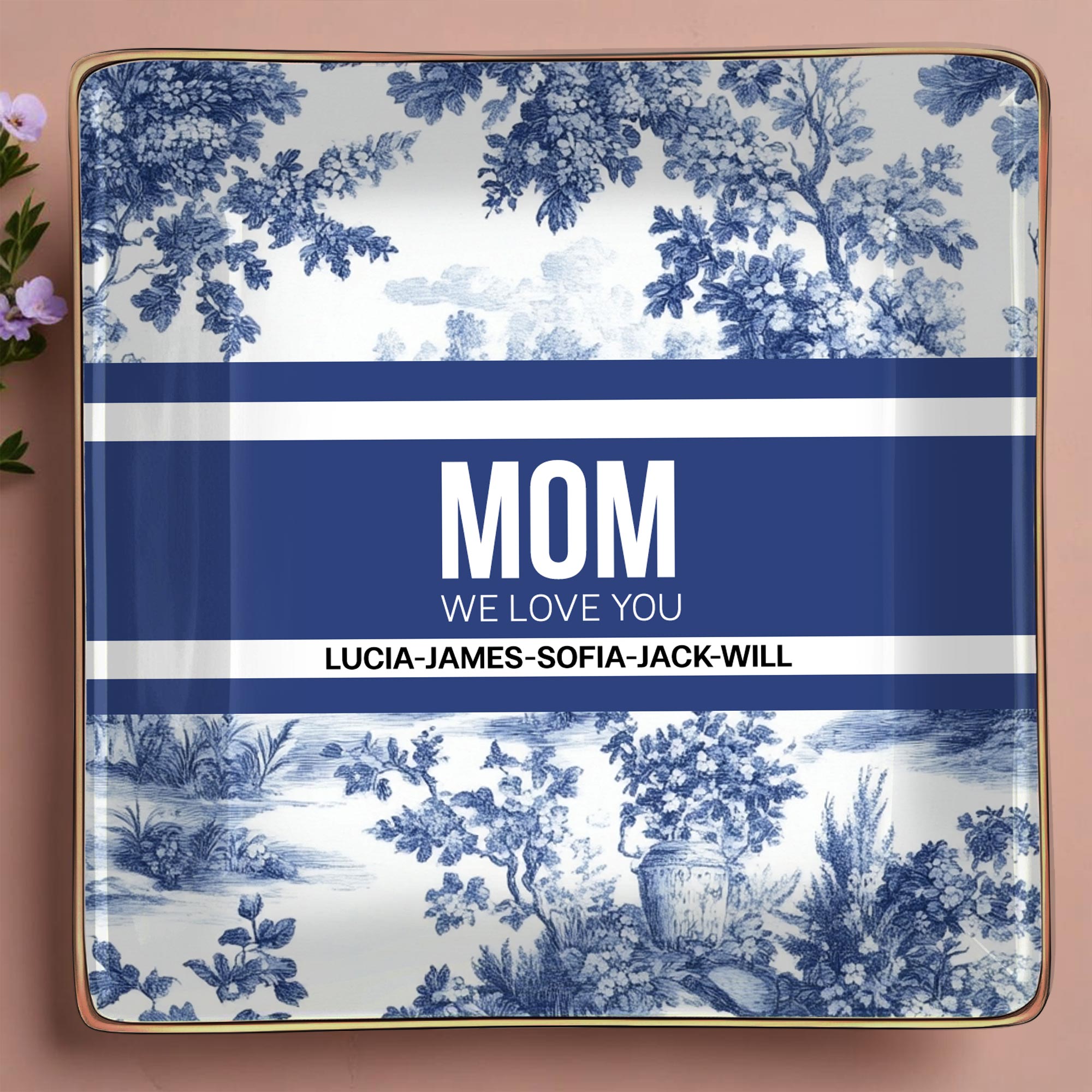 MOM We Love You, Ceramic Dish With Blue Floral Design - Personalized Custom Jewelry Dish, Ceramic Dish, Square Shape - MOM071_SCRF