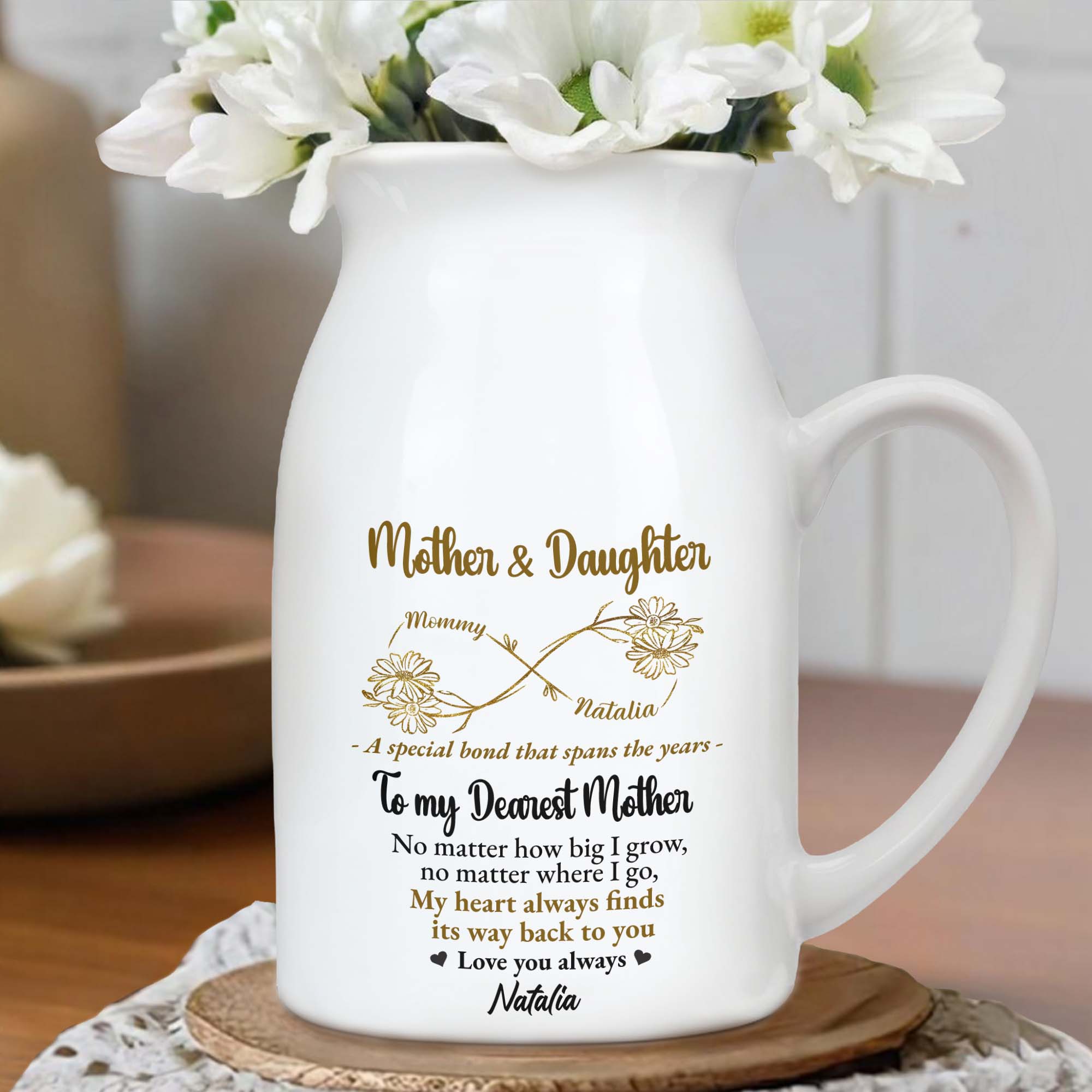Mother & Daughter, To My Dearest Mother, Flowers and Heart - Personalized Ceramic Flower Vase