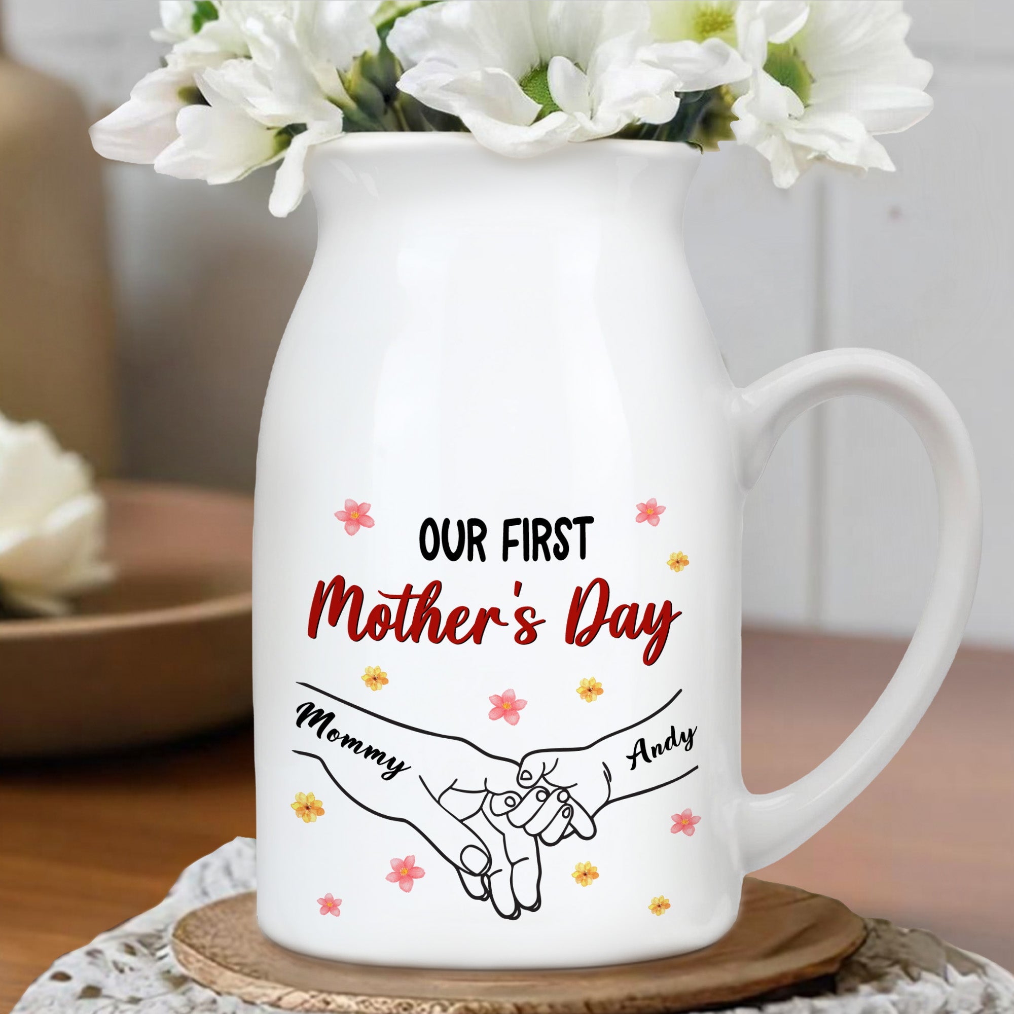Our First Mother's Day, Flowers and Holding Hands - Personalized Ceramic Flower Vase