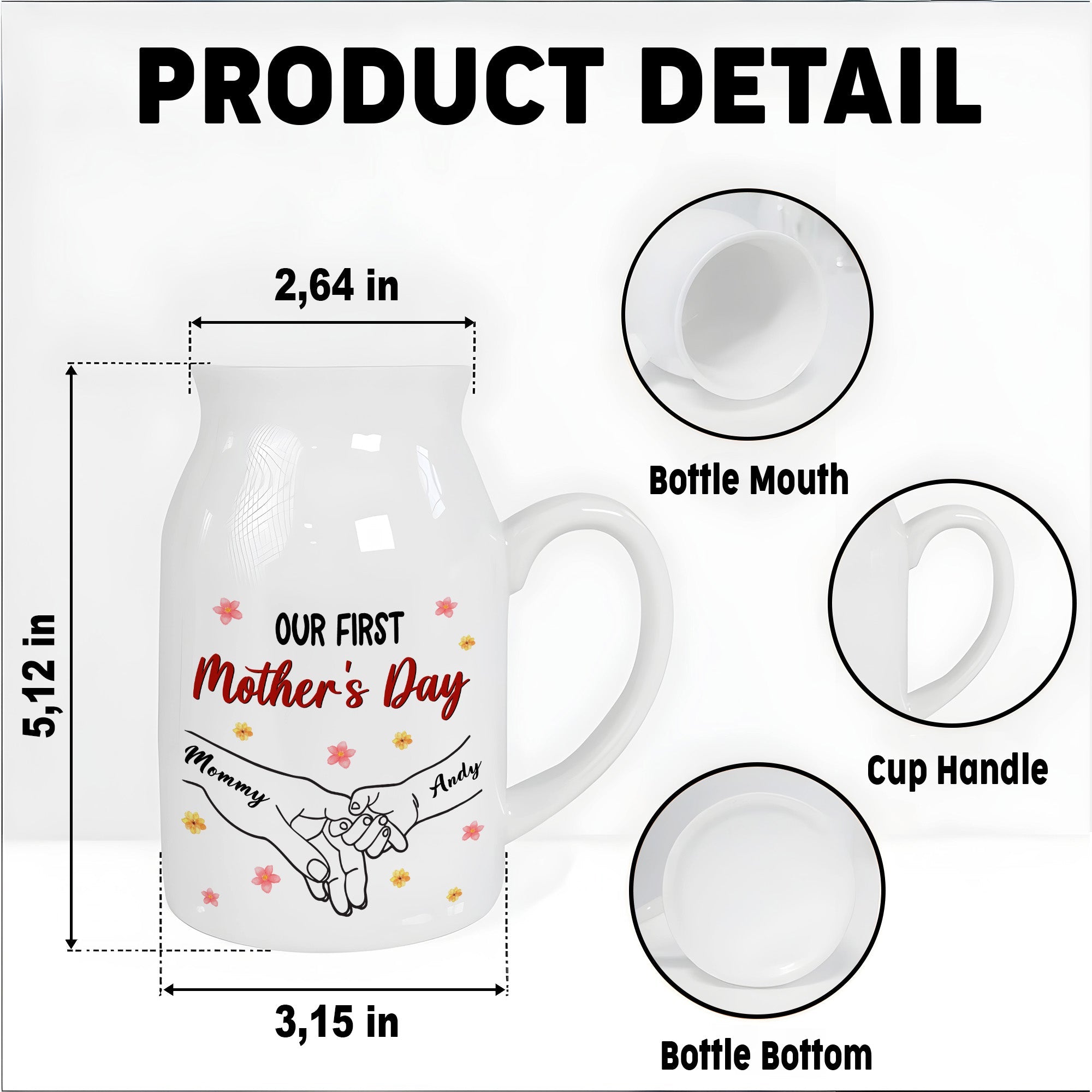 Our First Mother's Day, Flowers and Holding Hands - Personalized Ceramic Flower Vase