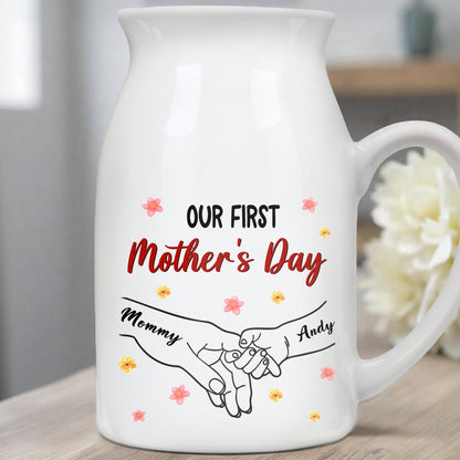 Our First Mother's Day, Flowers and Holding Hands - Personalized Ceramic Flower Vase