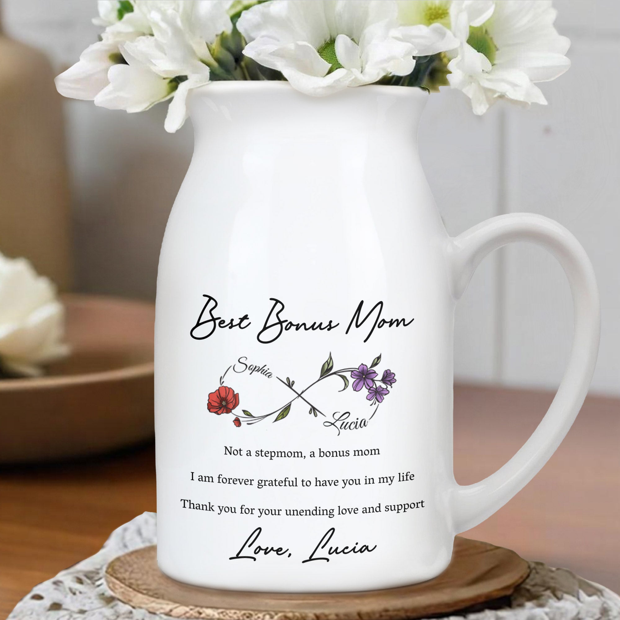 Best Bonus Mom, Flowers And Appreciation Message - Personalized Ceramic Flower Vase