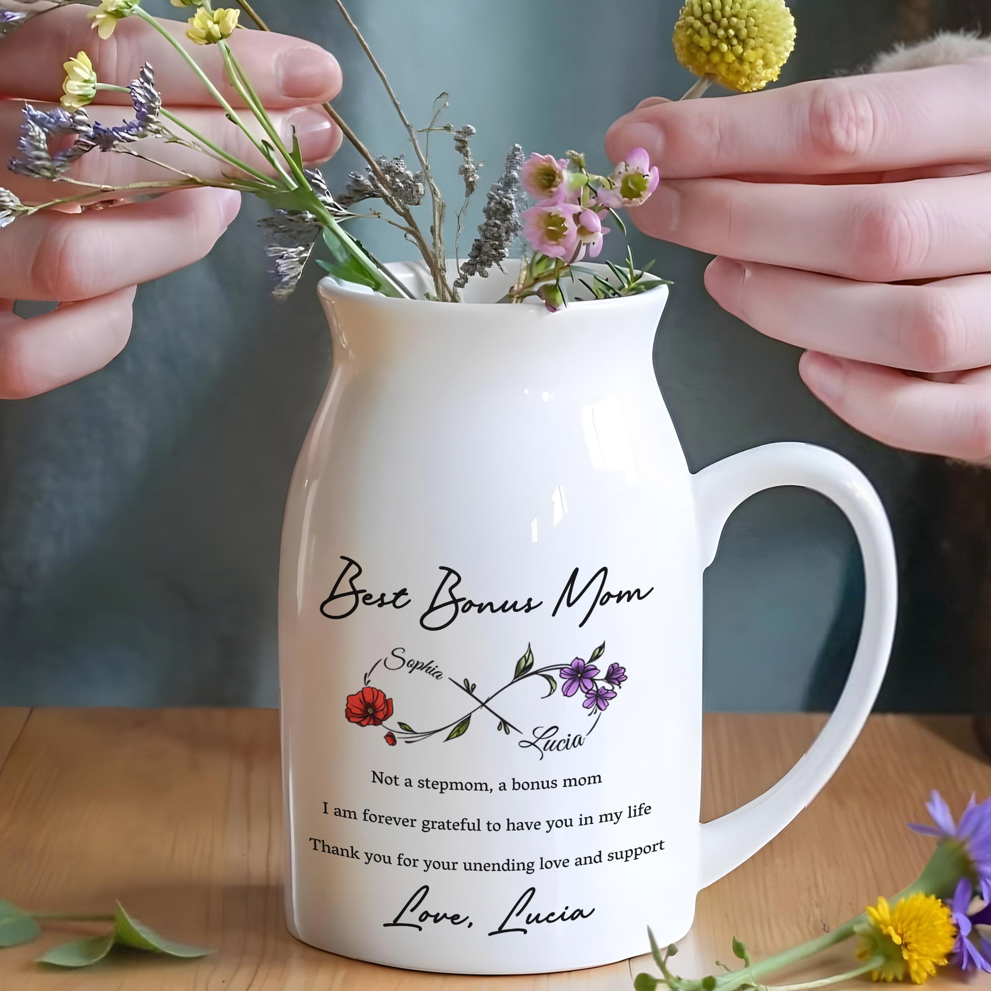 Best Bonus Mom, Flowers And Appreciation Message - Personalized Ceramic Flower Vase
