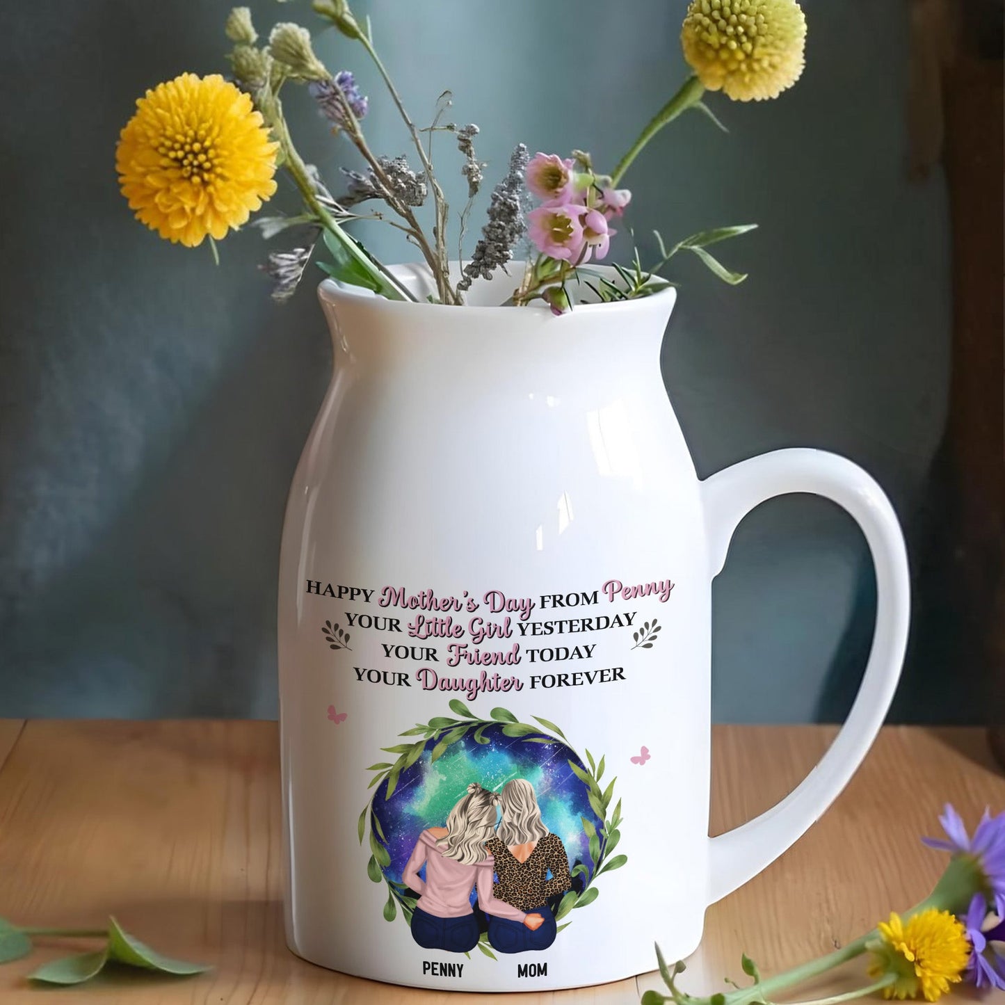 Happy Mother's Day From Penny, Your Little Girl Yesterday, Mother And Daughter, Floral Design - Personalized Ceramic Flower Vase
