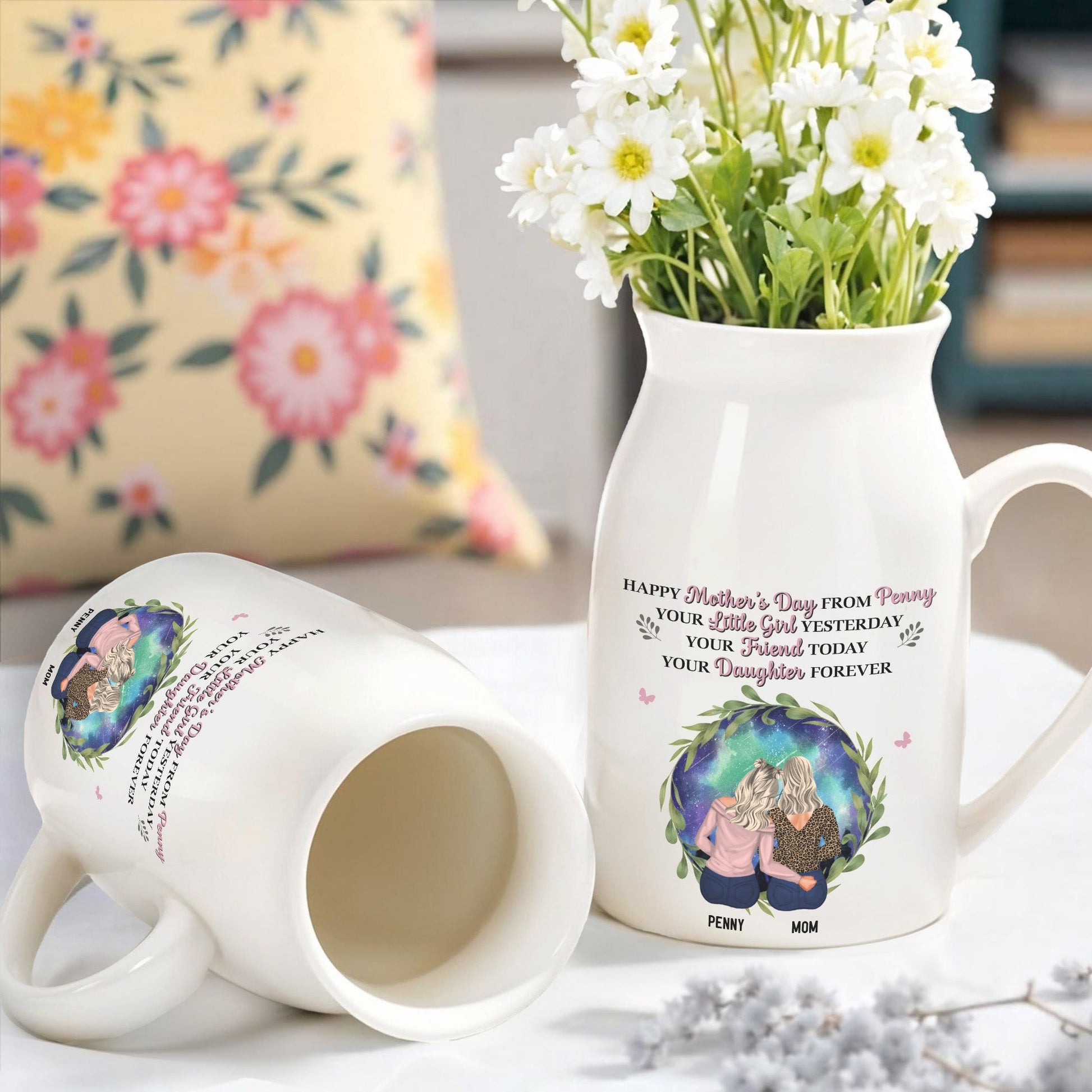 Happy Mother's Day From Penny, Your Little Girl Yesterday, Mother And Daughter, Floral Design - Personalized Ceramic Flower Vase