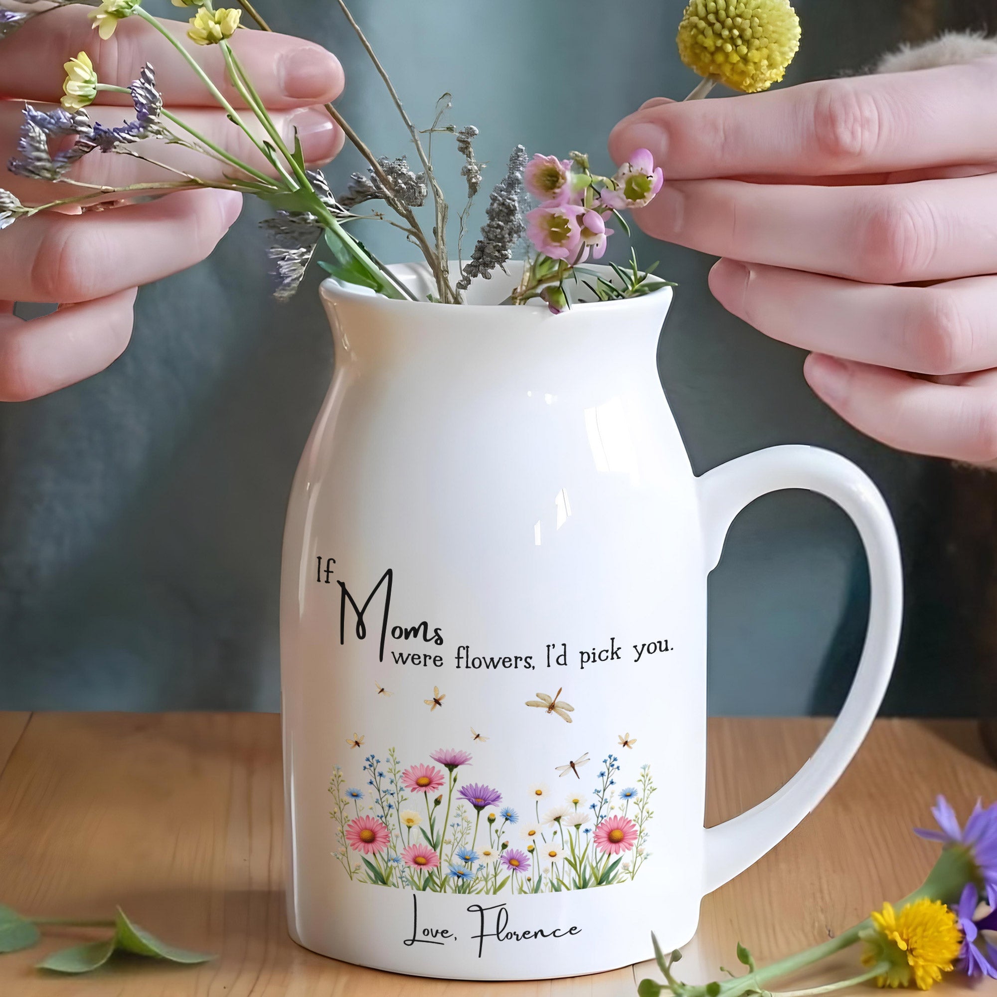 If Moms Were Flowers, I'd Pick You, Flowers and Butterflies - Personalized Ceramic Flower Vase