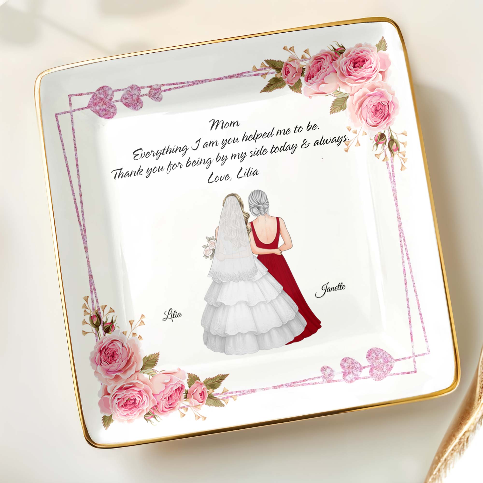 Everything I Am You Helped Me To Be, Flowers, Woman In Wedding Dress - Personalized Custom Jewelry Dish, Ceramic Dish, Square Shape - MOM115_SCRF