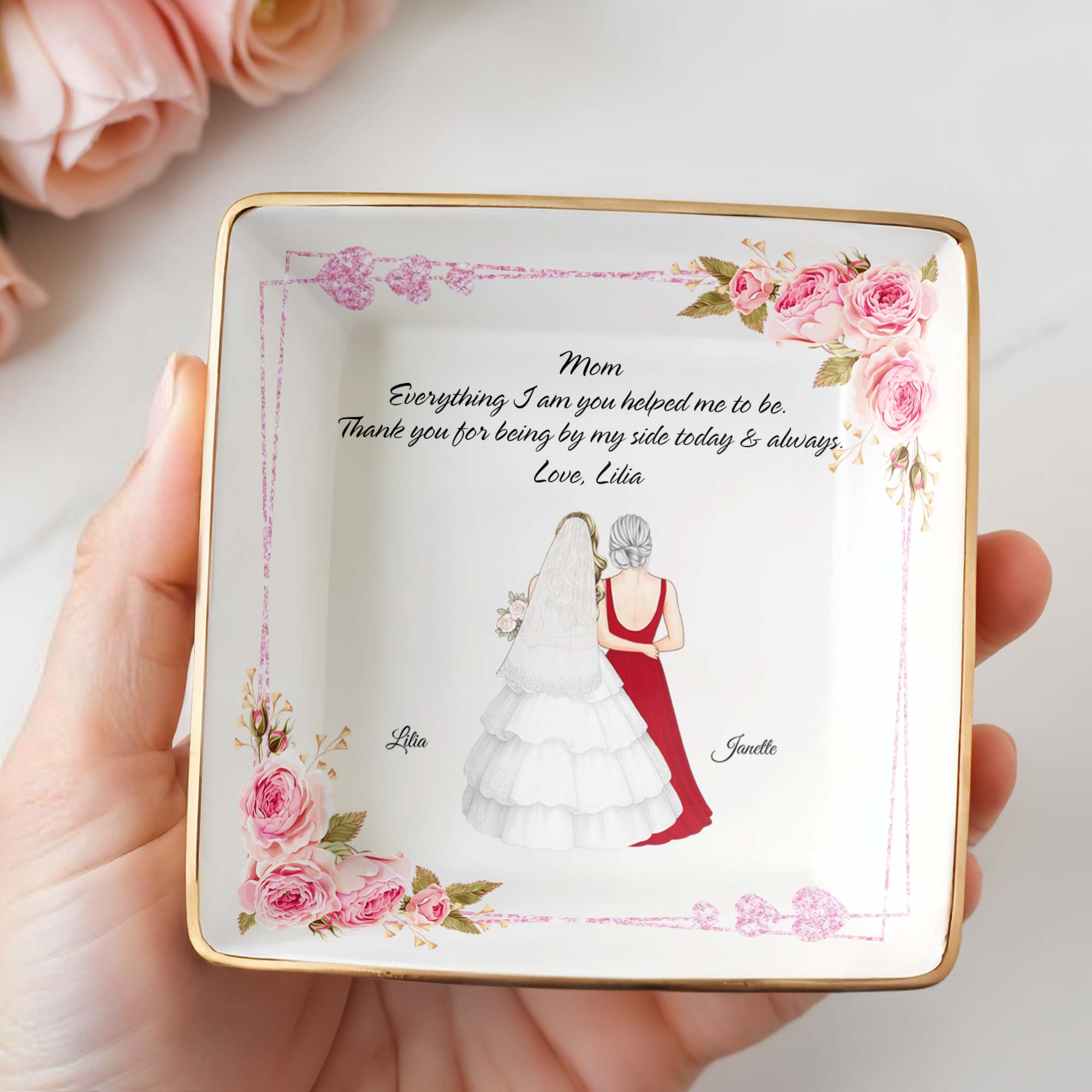 Everything I Am You Helped Me To Be, Flowers, Woman In Wedding Dress - Personalized Custom Jewelry Dish, Ceramic Dish, Square Shape - MOM115_SCRF