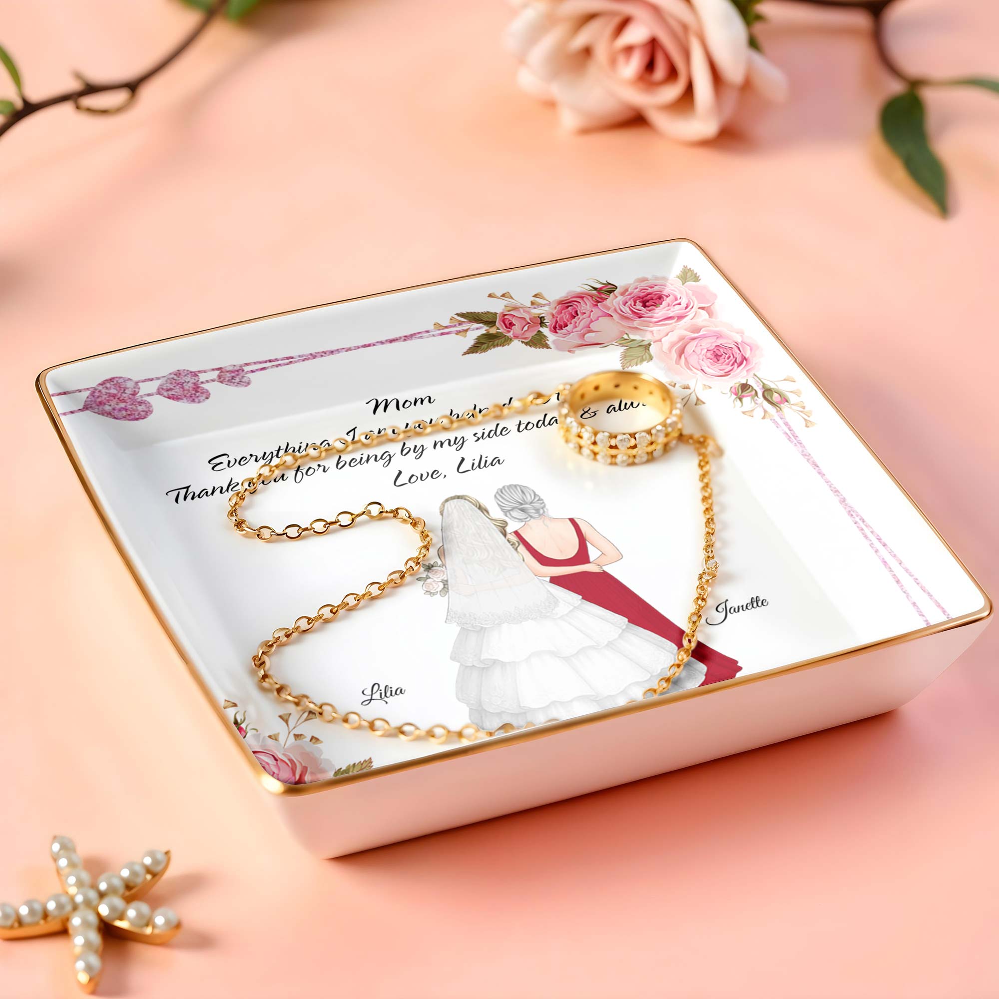 Everything I Am You Helped Me To Be, Flowers, Woman In Wedding Dress - Personalized Custom Jewelry Dish, Ceramic Dish, Square Shape - MOM115_SCRF