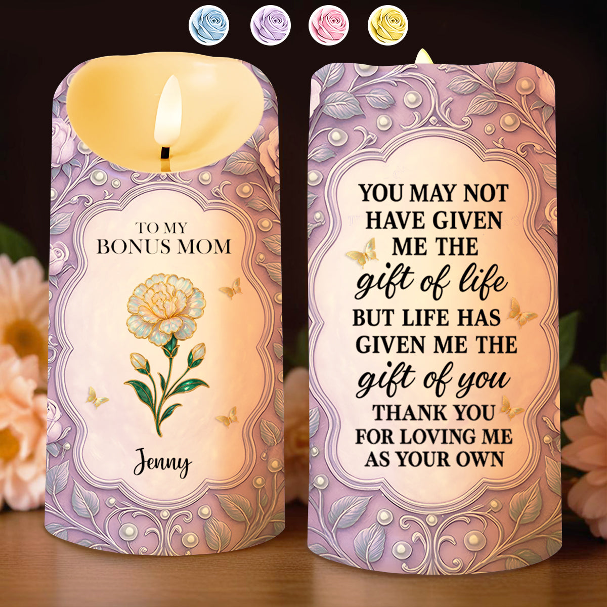 To My Bonus Mom, Thank You For Your Love, Flower And Butterflies Design - Personalized Custom LED Candle - MOM134_LECA