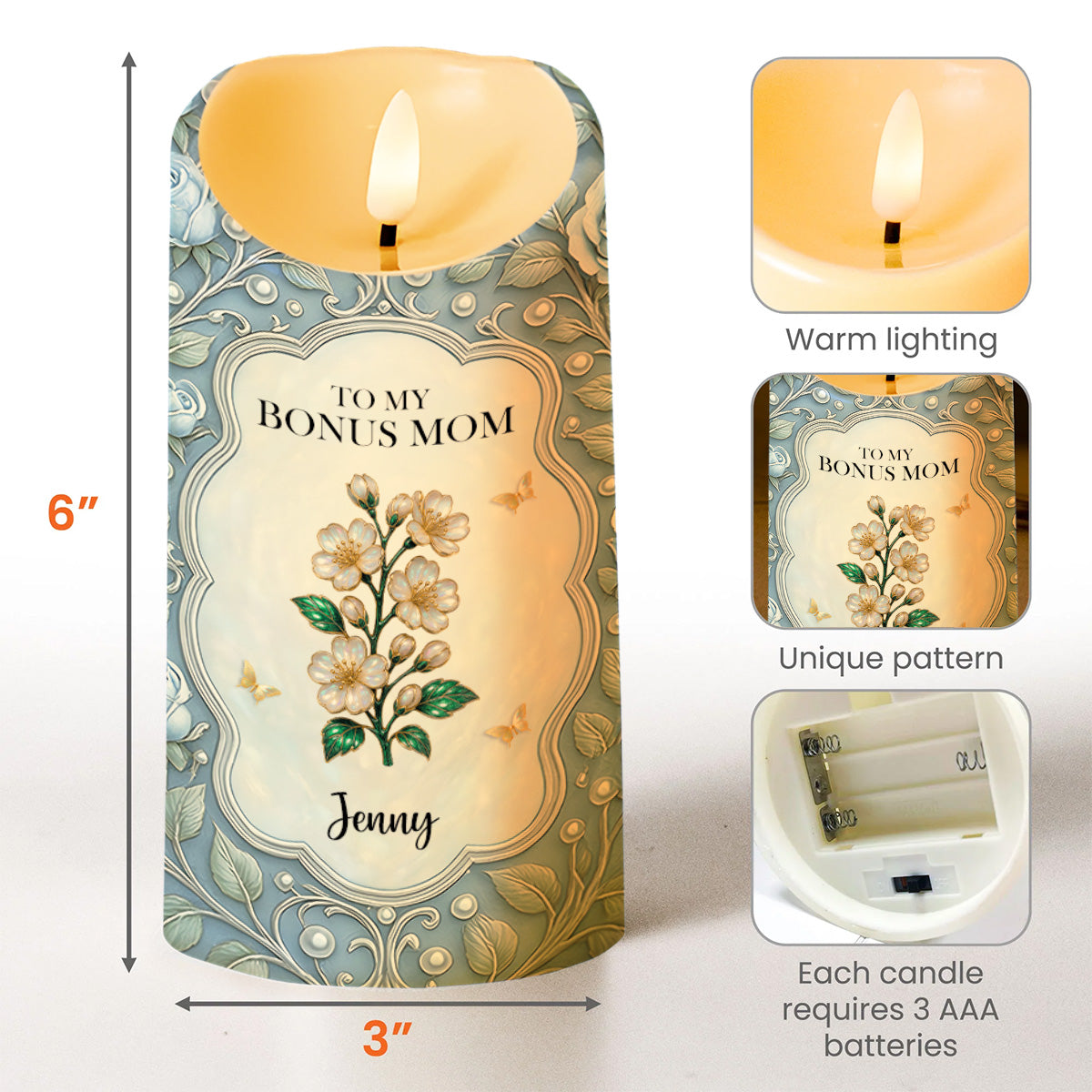 To My Bonus Mom, Thank You For Your Love, Flower And Butterflies Design - Personalized Custom LED Candle - MOM134_LECA