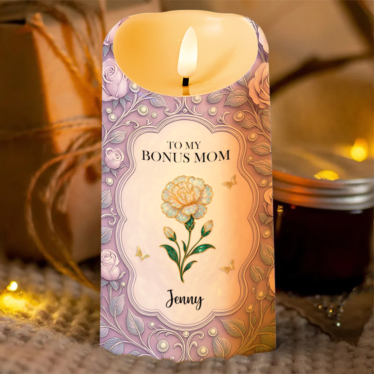 To My Bonus Mom, Thank You For Your Love, Flower And Butterflies Design - Personalized Custom LED Candle - MOM134_LECA
