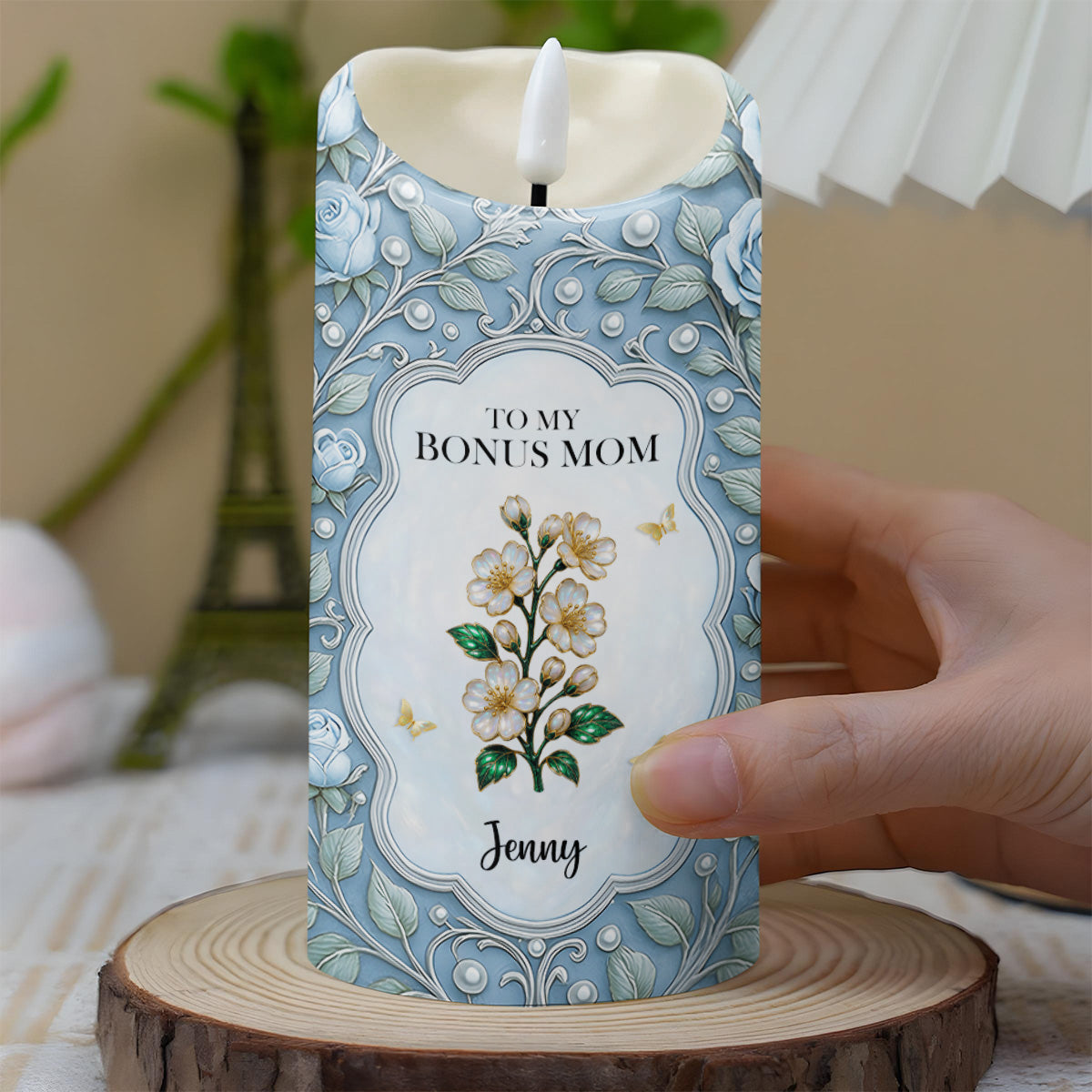 To My Bonus Mom, Thank You For Your Love, Flower And Butterflies Design - Personalized Custom LED Candle - MOM134_LECA