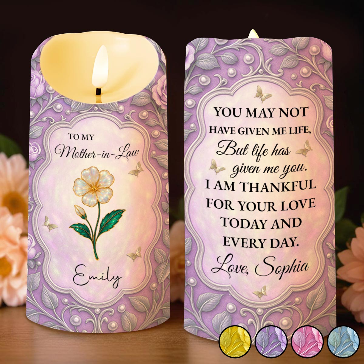 To My Mother-In-Law, Thankful For Your Love, Flower and Butterflies - Personalized Custom LED Candle - MOM145_LECA