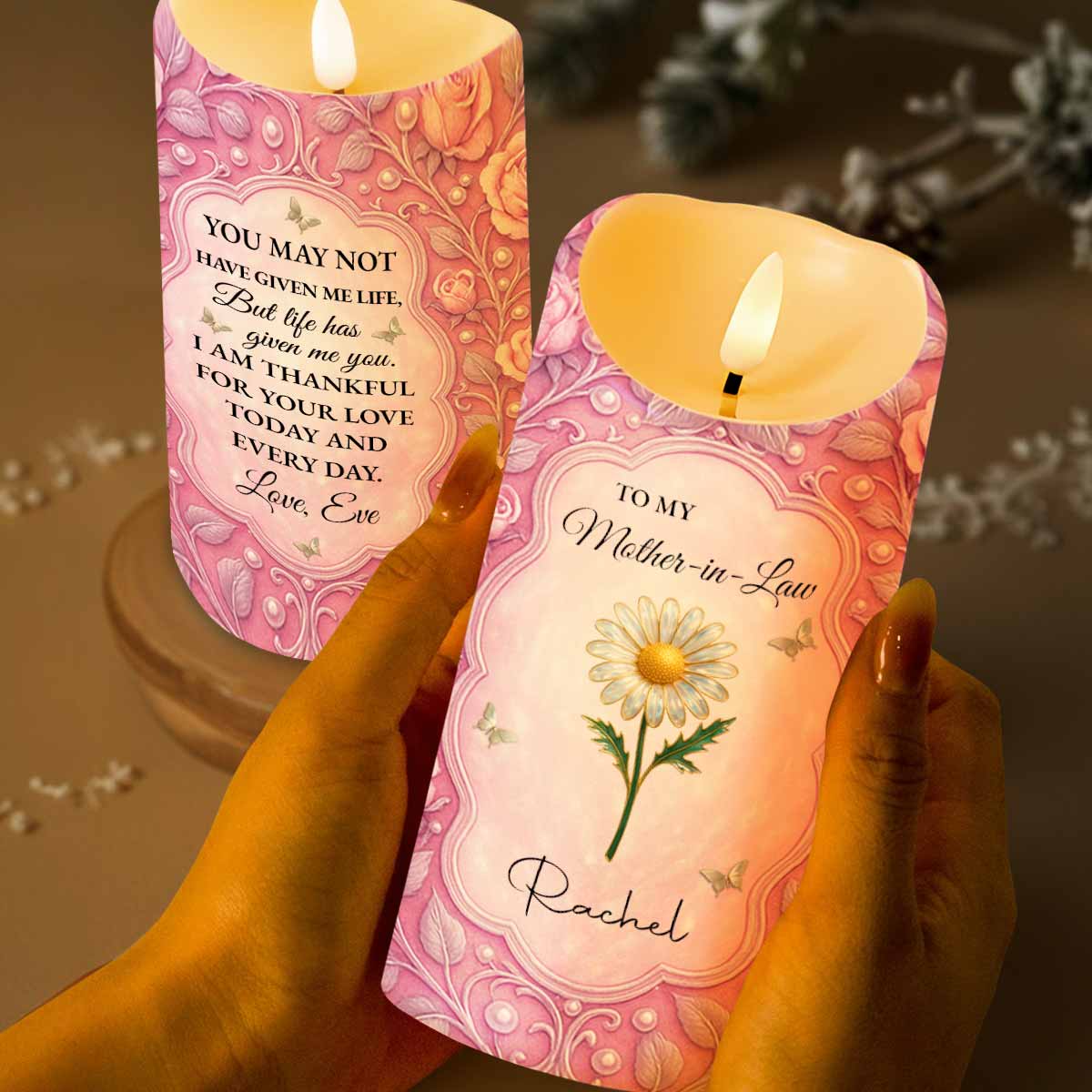 To My Mother-In-Law, Thankful For Your Love, Flower and Butterflies - Personalized Custom LED Candle - MOM145_LECA