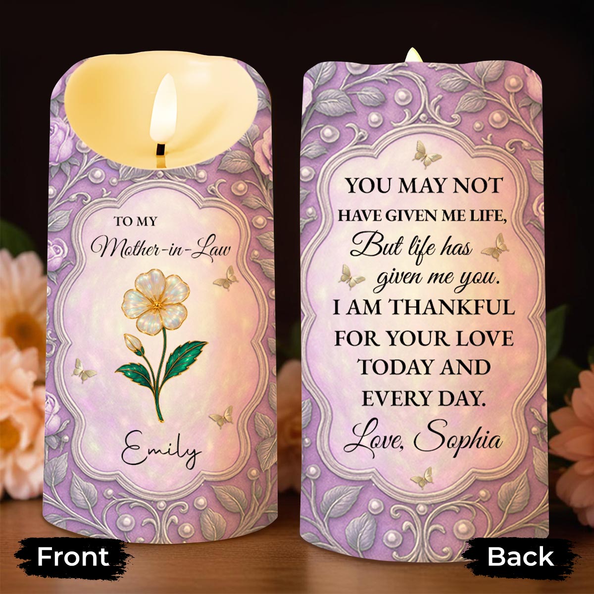 To My Mother-In-Law, Thankful For Your Love, Flower and Butterflies - Personalized Custom LED Candle - MOM145_LECA