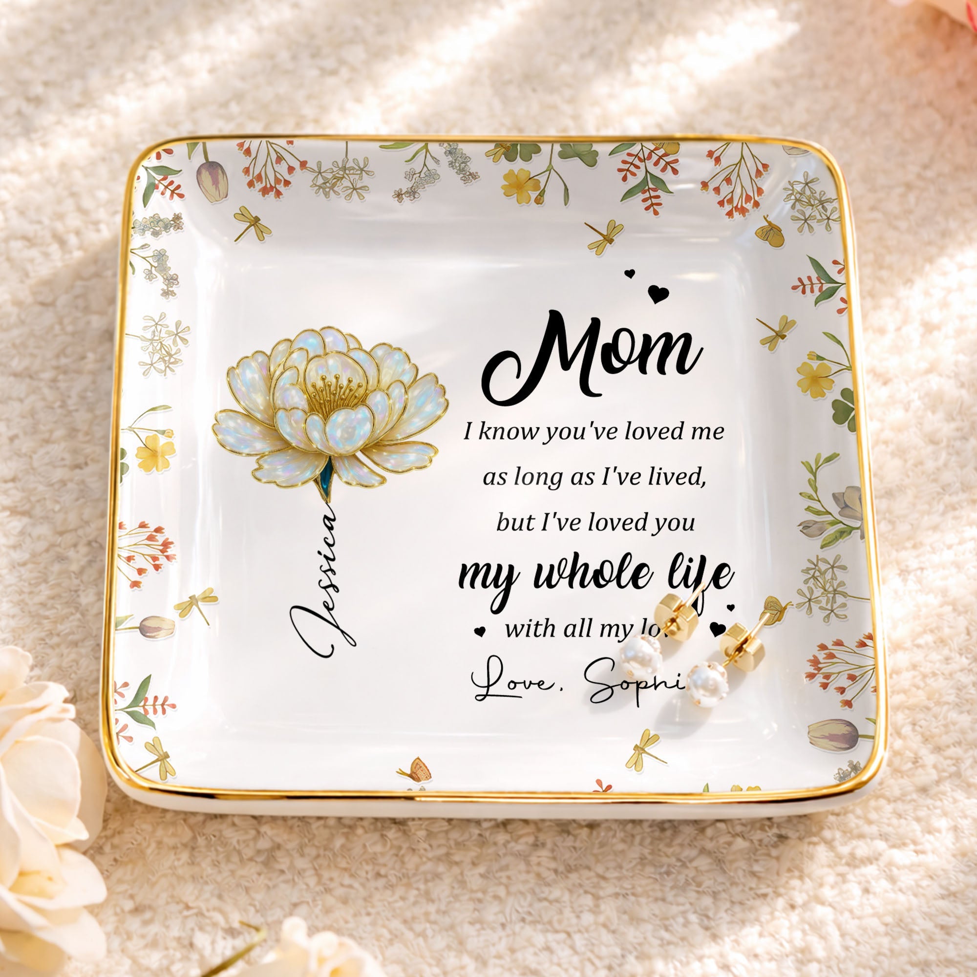 I Know You've Loved Me, Elegant Floral Design - Personalized Custom Jewelry Dish, Ceramic Dish, Square Shape - MOM148_SCRF