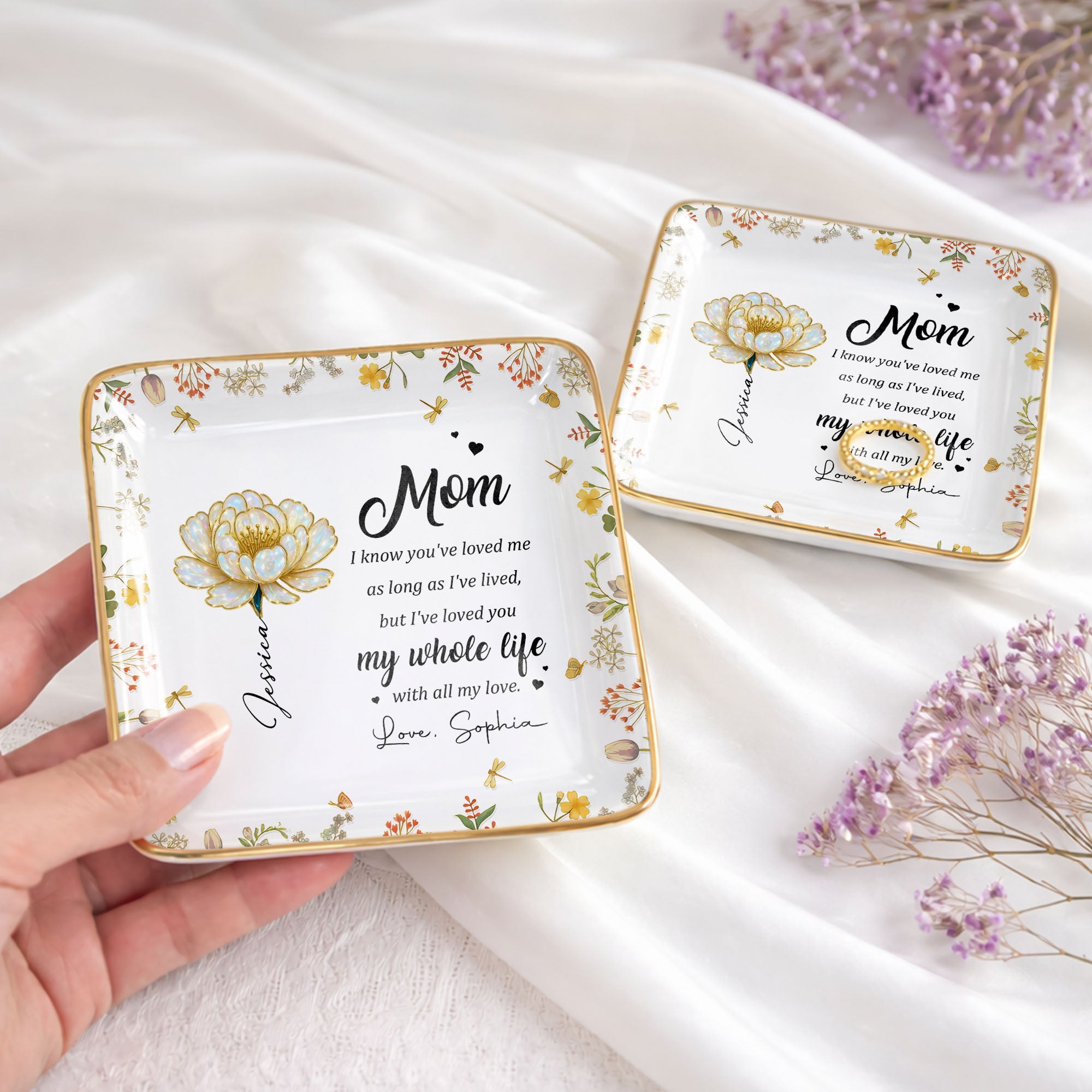 I Know You've Loved Me, Elegant Floral Design - Personalized Custom Jewelry Dish, Ceramic Dish, Square Shape - MOM148_SCRF