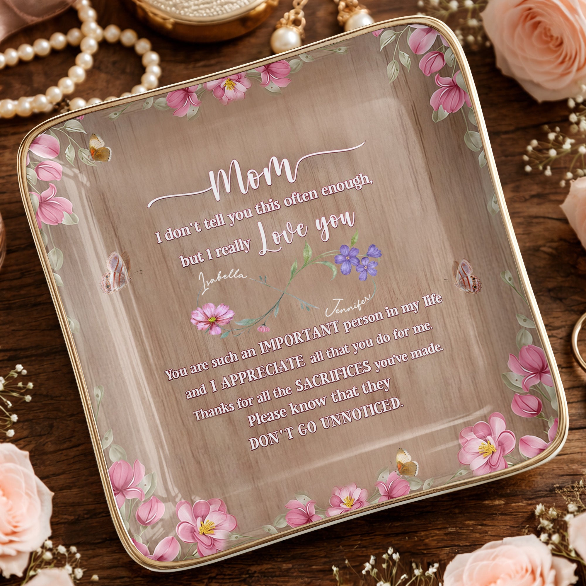 I Really Love You, Flowers and Butterfly - Personalized Custom Jewelry Dish, Ceramic Dish, Square Shape - MOM150_SCRF