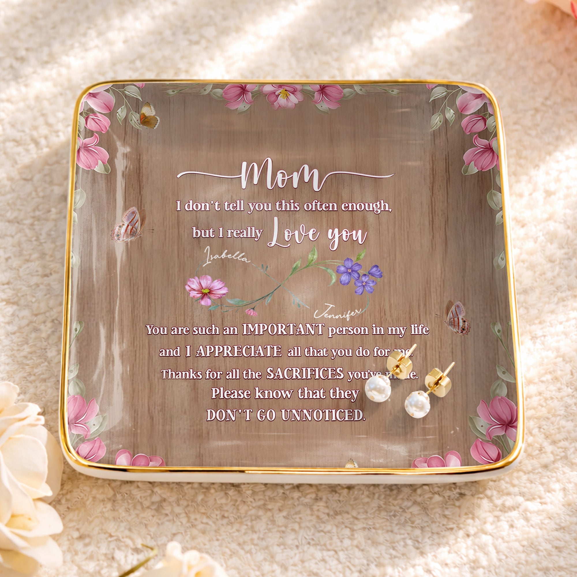 I Really Love You, Flowers and Butterfly - Personalized Custom Jewelry Dish, Ceramic Dish, Square Shape - MOM150_SCRF