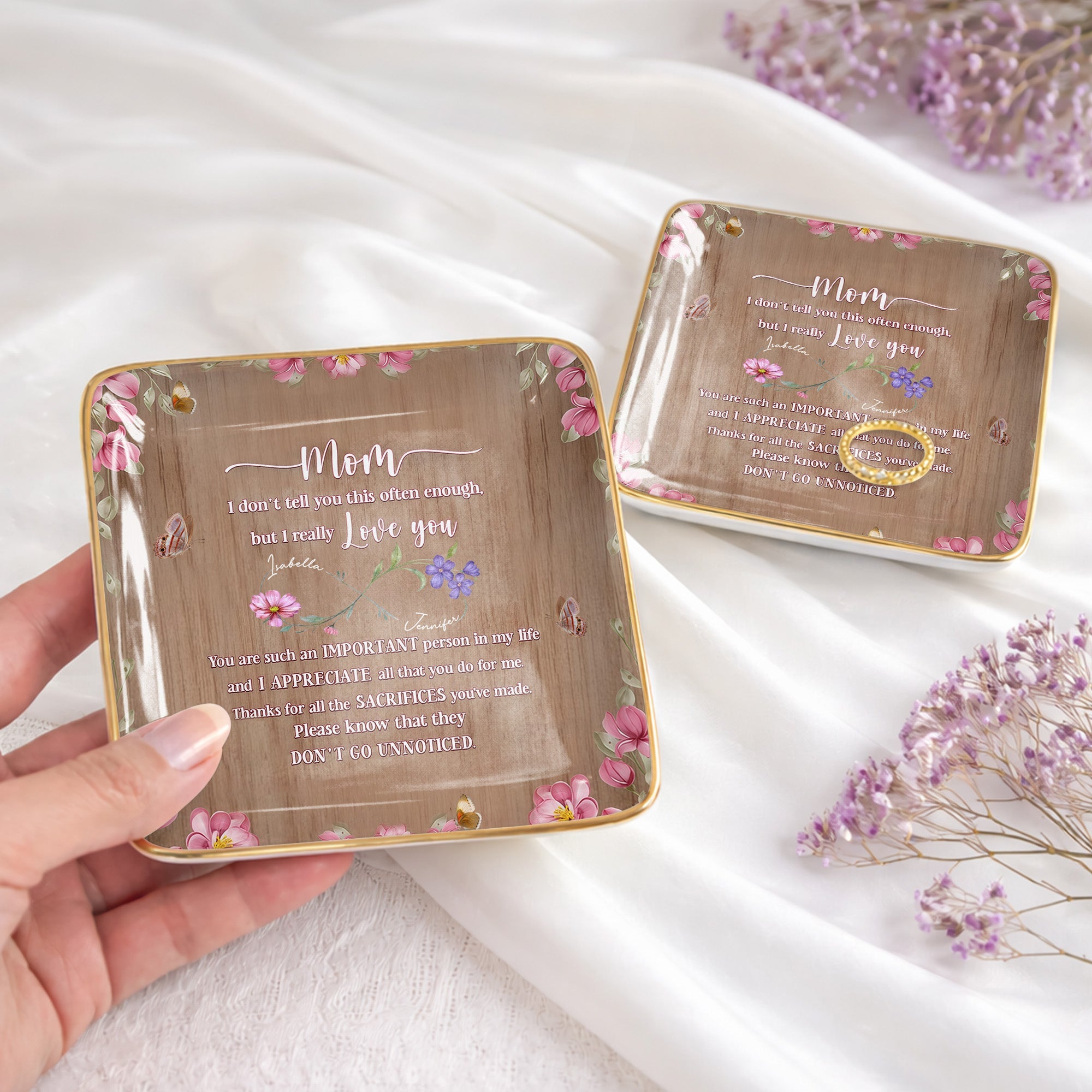 I Really Love You, Flowers and Butterfly - Personalized Custom Jewelry Dish, Ceramic Dish, Square Shape - MOM150_SCRF
