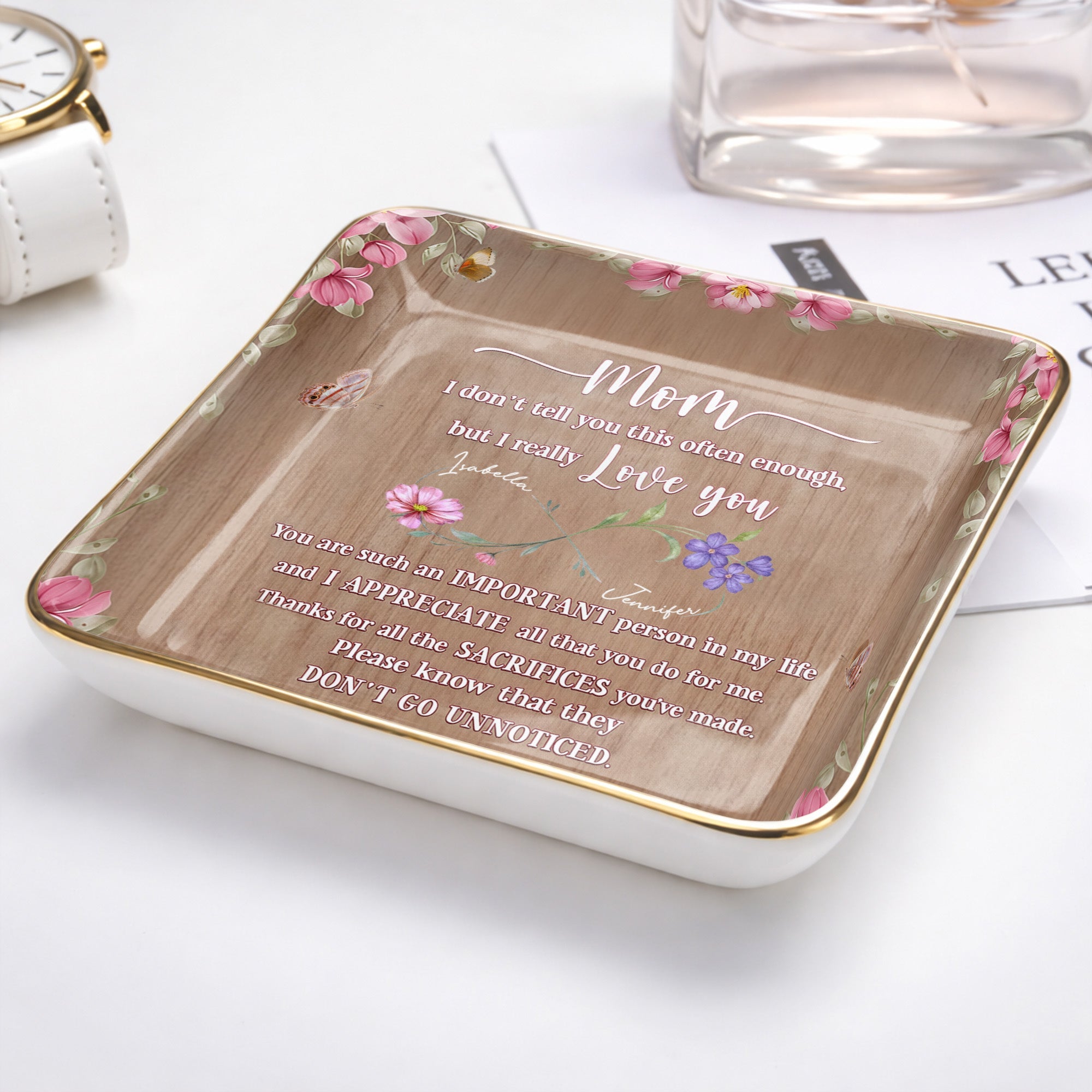 I Really Love You, Flowers and Butterfly - Personalized Custom Jewelry Dish, Ceramic Dish, Square Shape - MOM150_SCRF