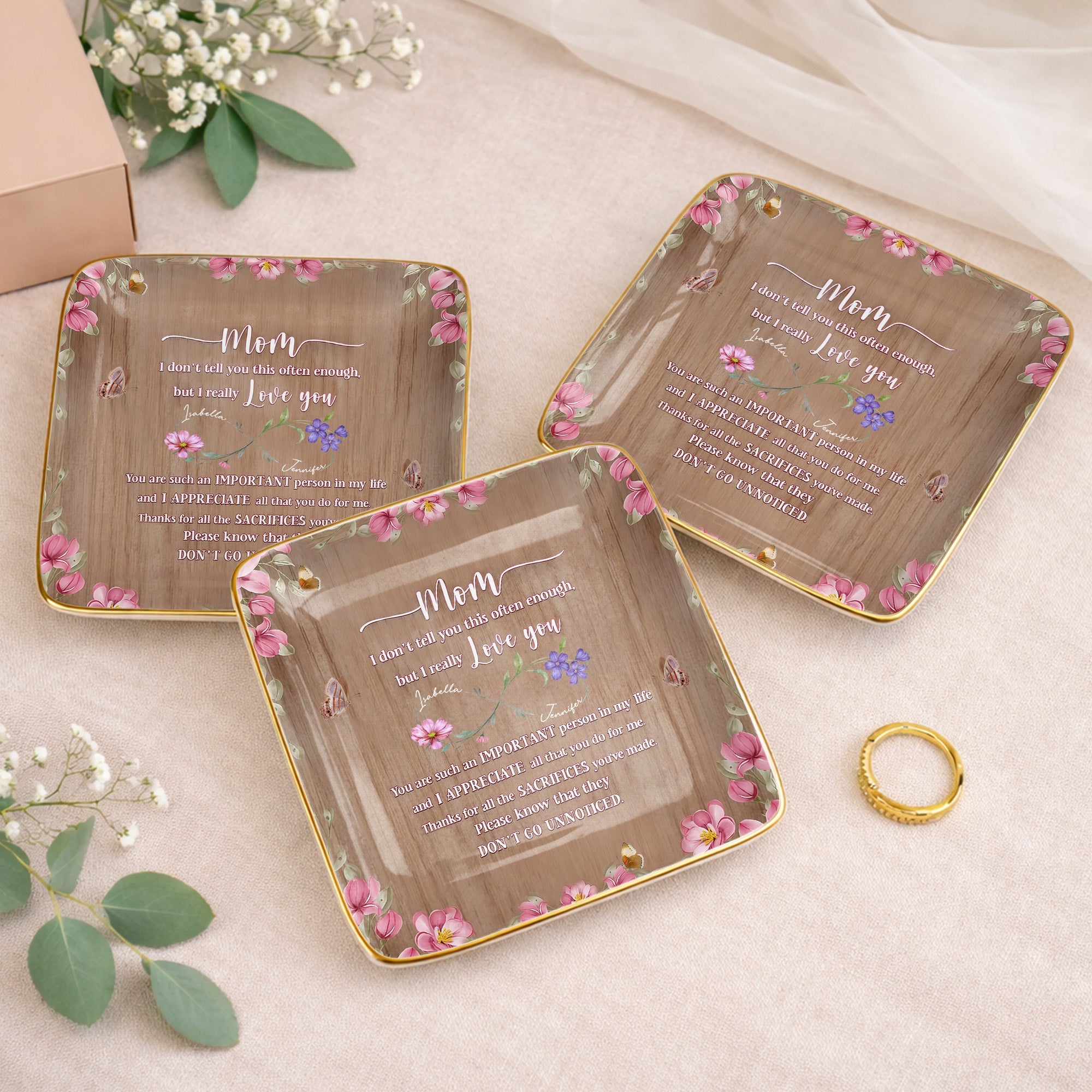 I Really Love You, Flowers and Butterfly - Personalized Custom Jewelry Dish, Ceramic Dish, Square Shape - MOM150_SCRF
