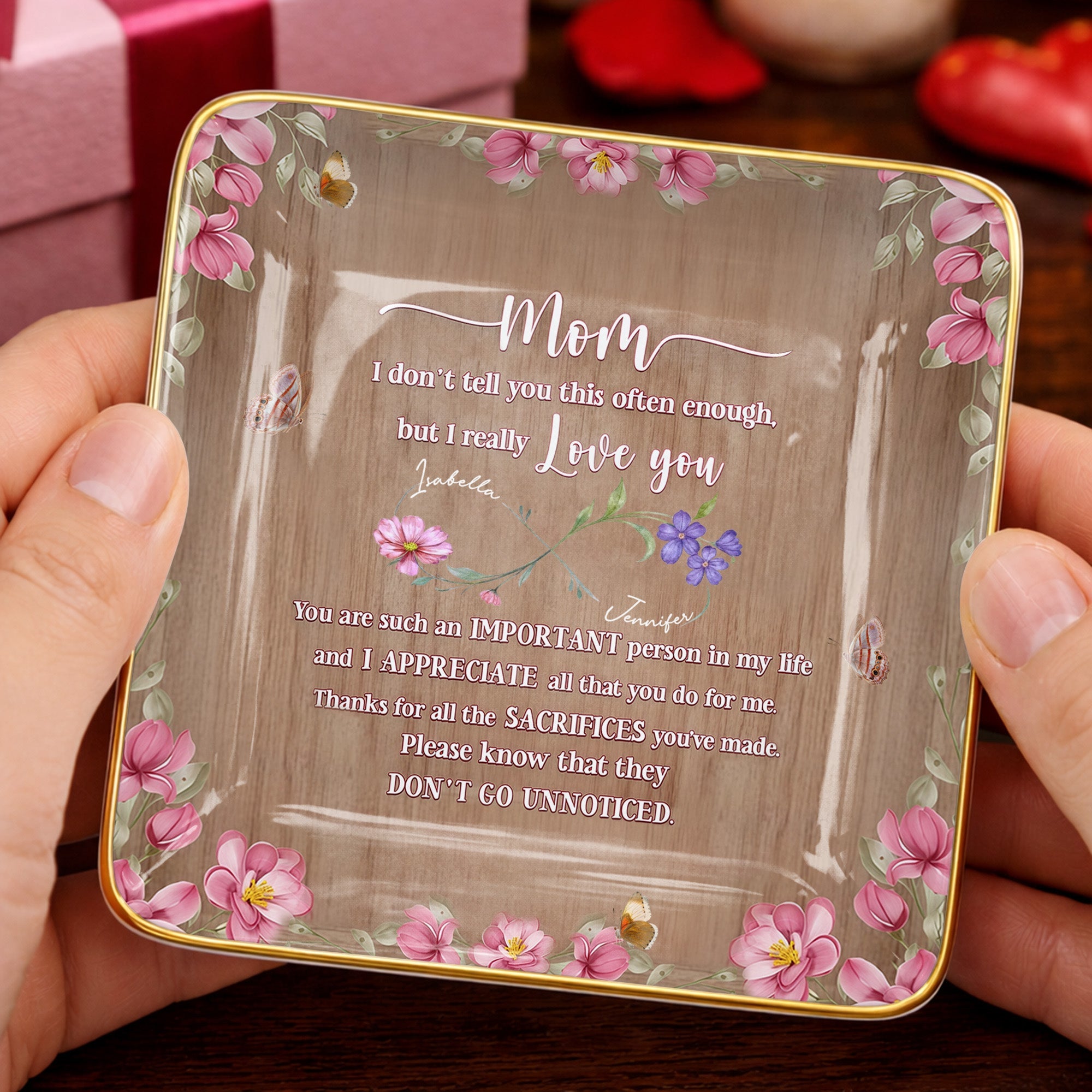 I Really Love You, Flowers and Butterfly - Personalized Custom Jewelry Dish, Ceramic Dish, Square Shape - MOM150_SCRF