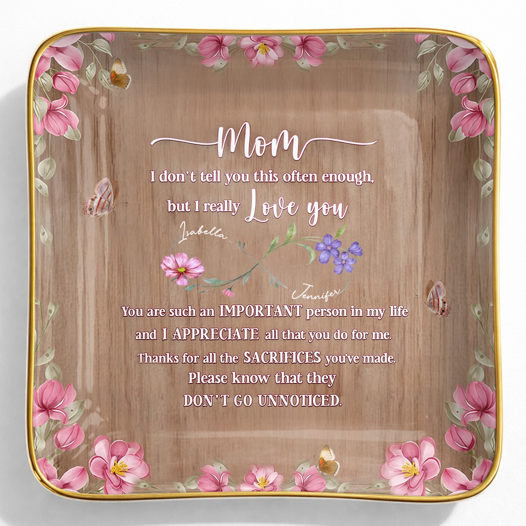 I Really Love You, Flowers and Butterfly - Personalized Custom Jewelry Dish, Ceramic Dish, Square Shape - MOM150_SCRF