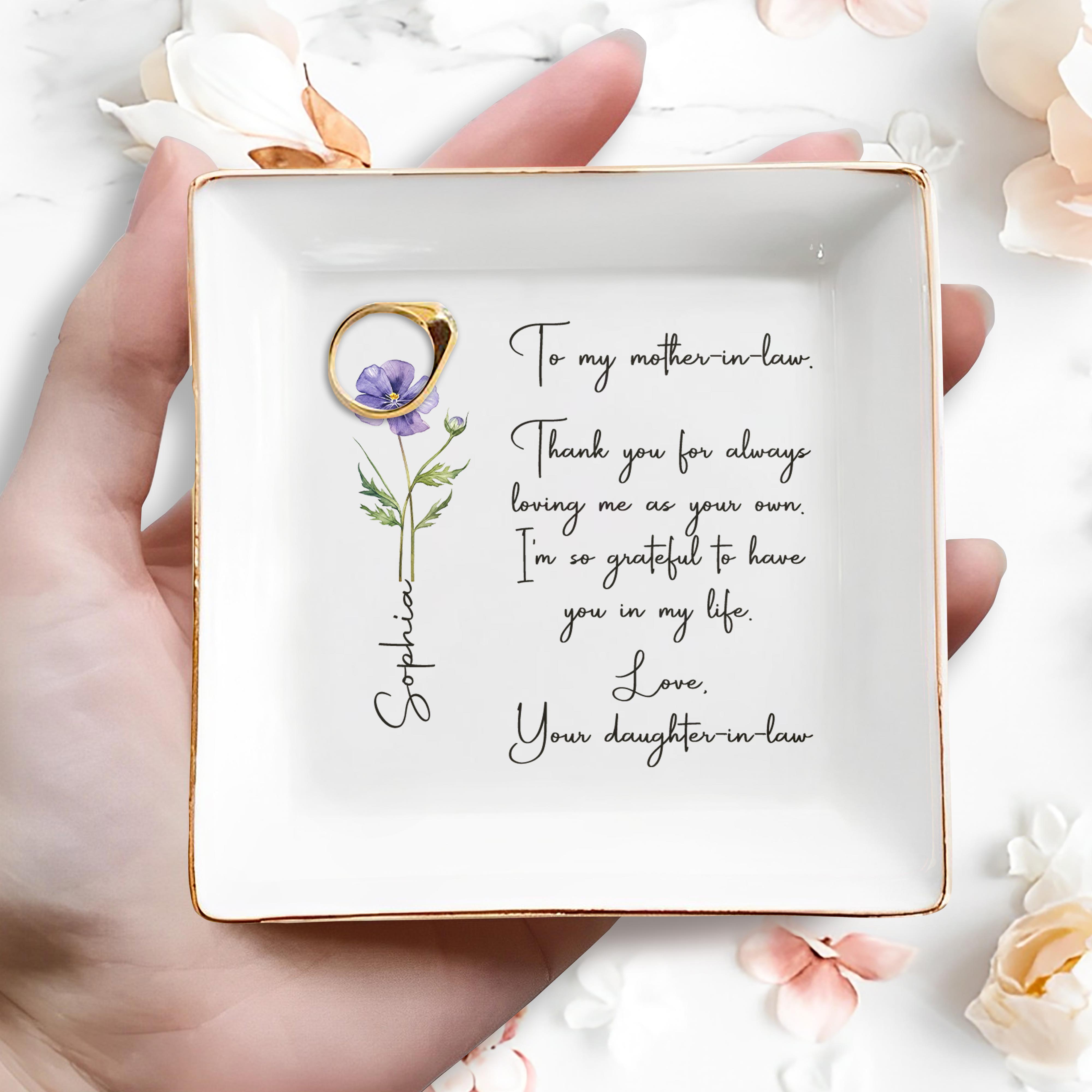 To My Mother-In-Law Thank You For Loving Me, Flower Design - Personalized Custom Jewelry Dish, Square Ceramic Dish - MOM159_SCRD