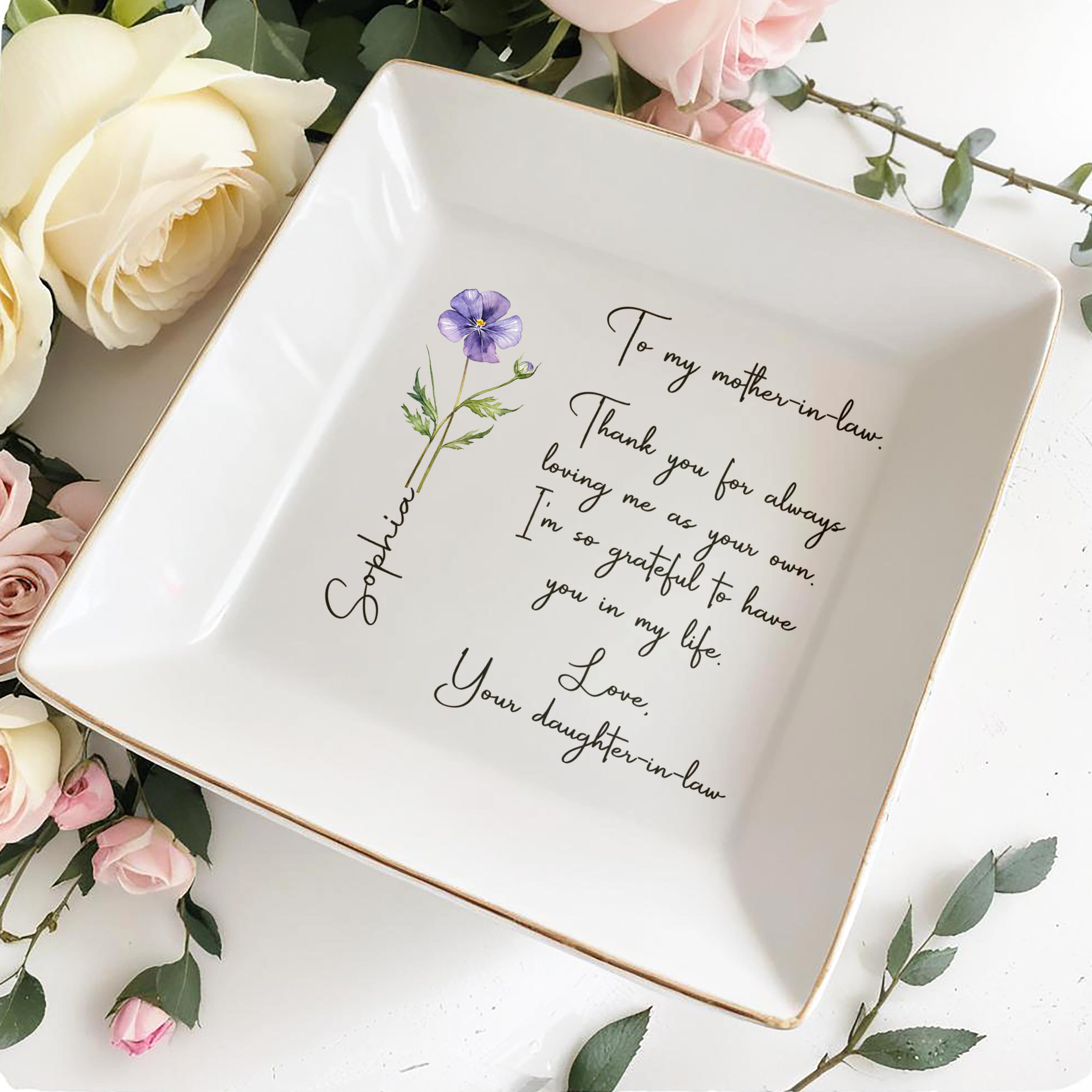 To My Mother-In-Law Thank You For Loving Me, Flower Design - Personalized Custom Jewelry Dish, Square Ceramic Dish - MOM159_SCRD