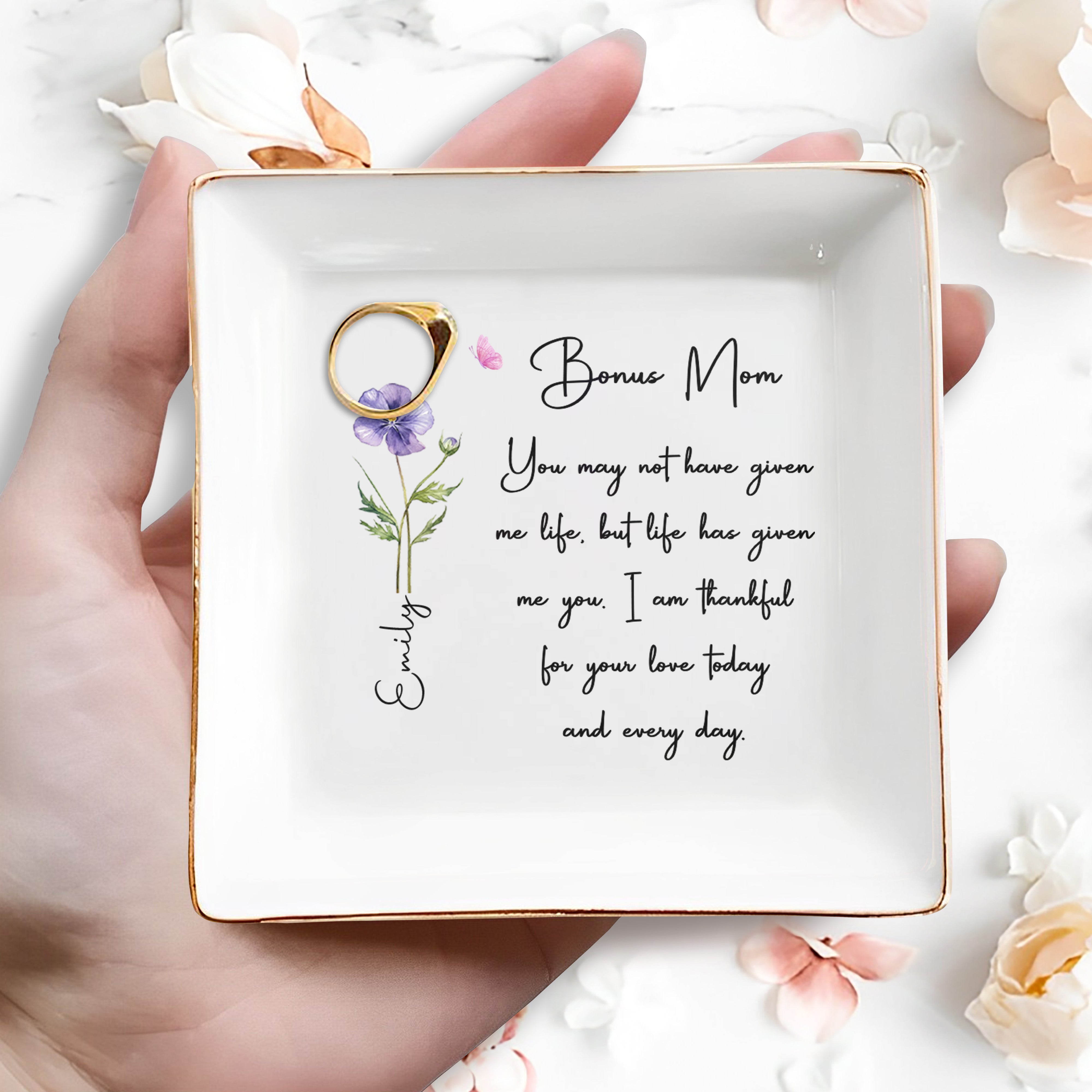 Bonus Mom, Thankful For Your Love Every Day - Personalized Custom Jewelry Dish, Square Ceramic Dish - MOM160_SCRD