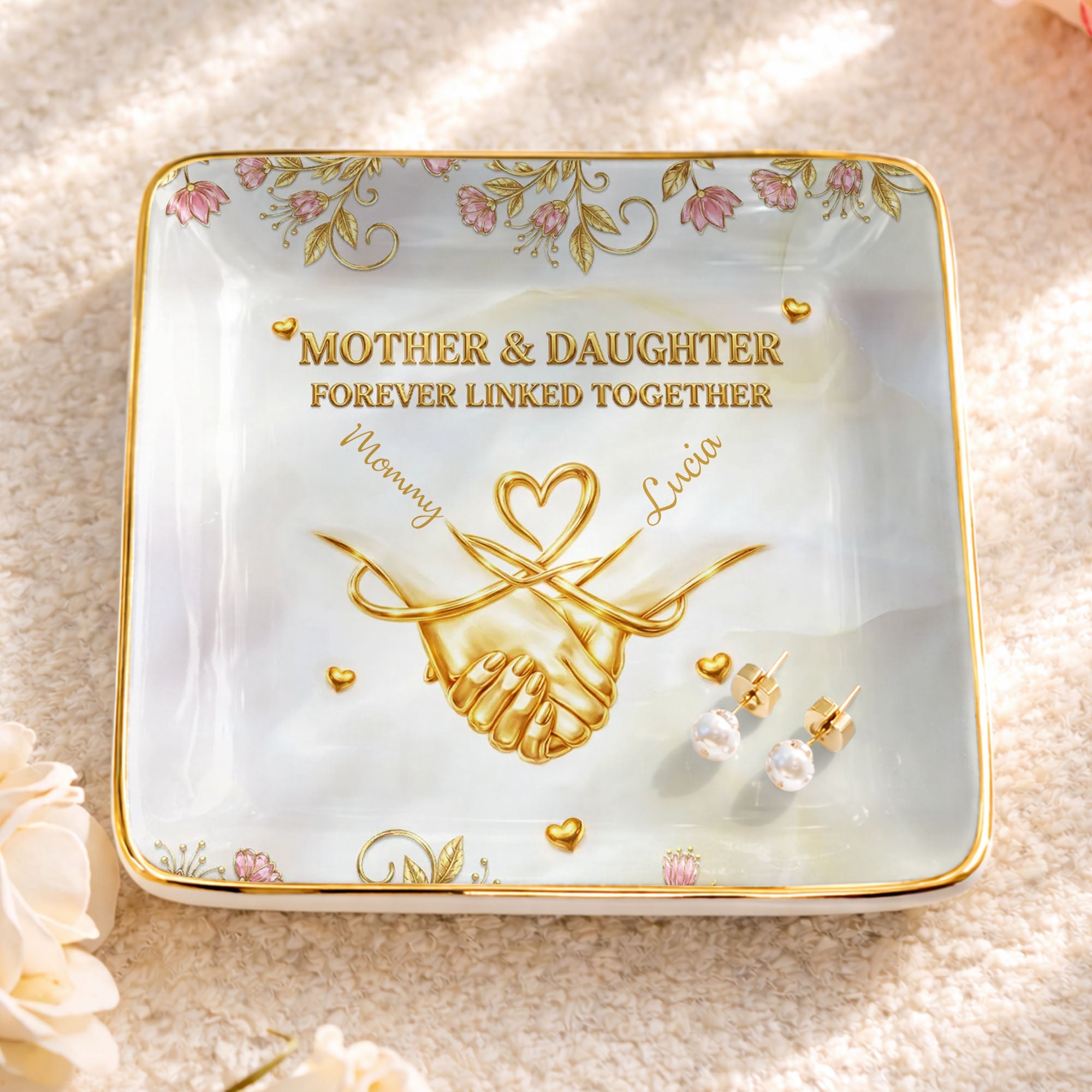 Mother And Daughter Forever Linked Together Holding Hands And Flowers - Personalized Custom Jewelry Dish, Ceramic Dish, Square Shape - MOM163_SCRF