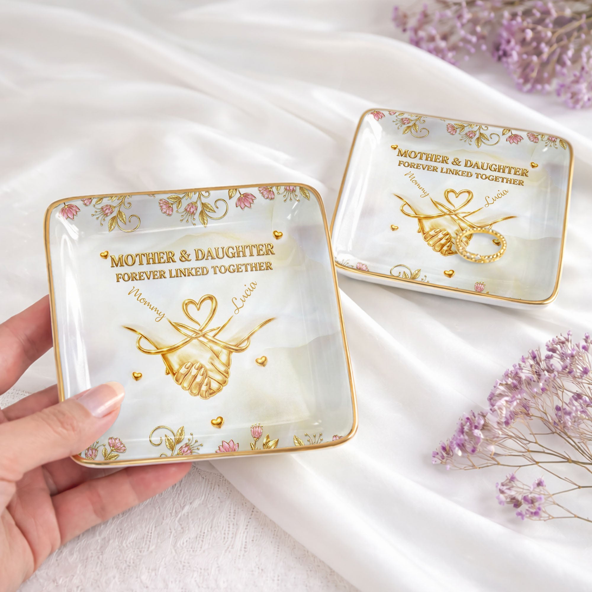 Mother And Daughter Forever Linked Together Holding Hands And Flowers - Personalized Custom Jewelry Dish, Ceramic Dish, Square Shape - MOM163_SCRF