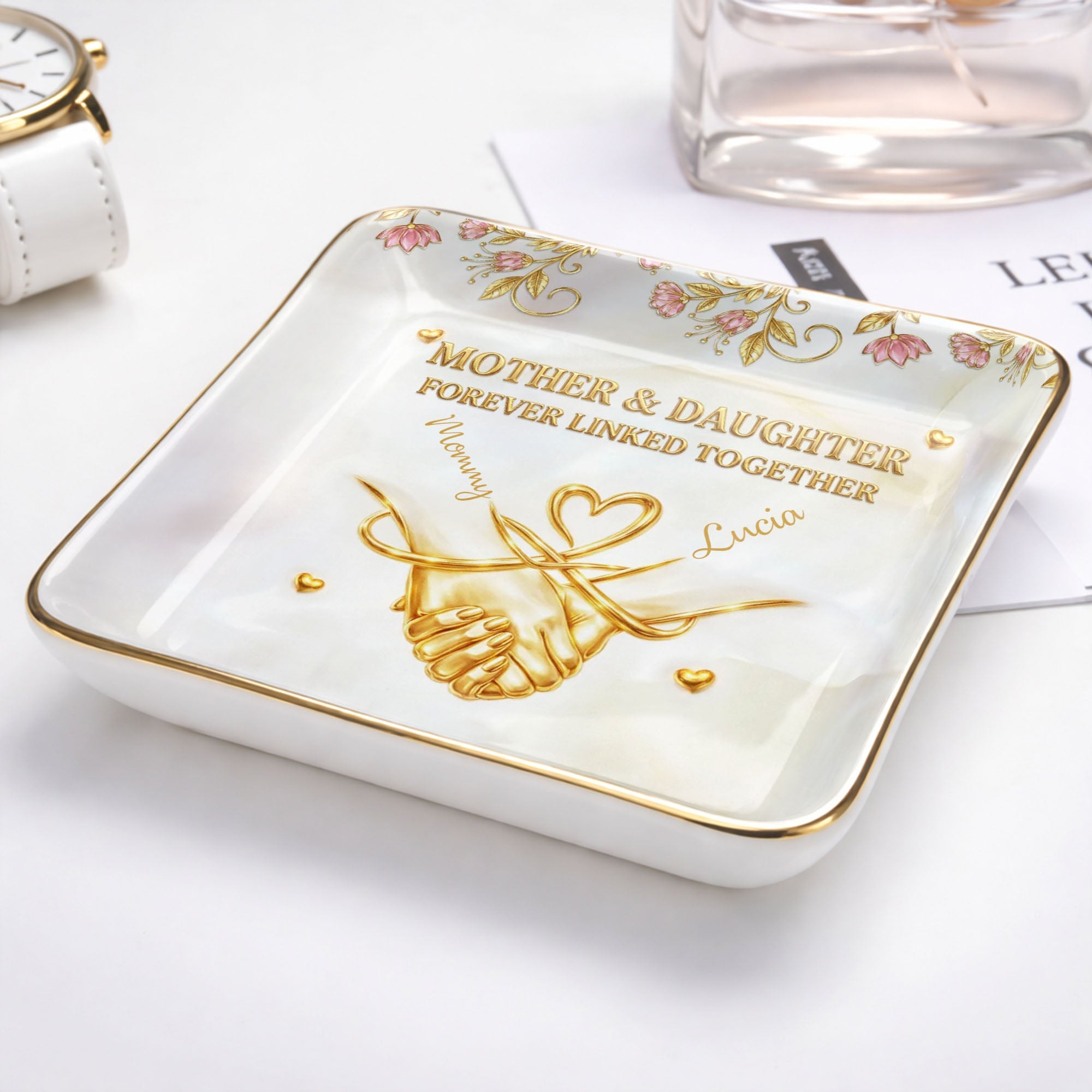Mother And Daughter Forever Linked Together Holding Hands And Flowers - Personalized Custom Jewelry Dish, Ceramic Dish, Square Shape - MOM163_SCRF