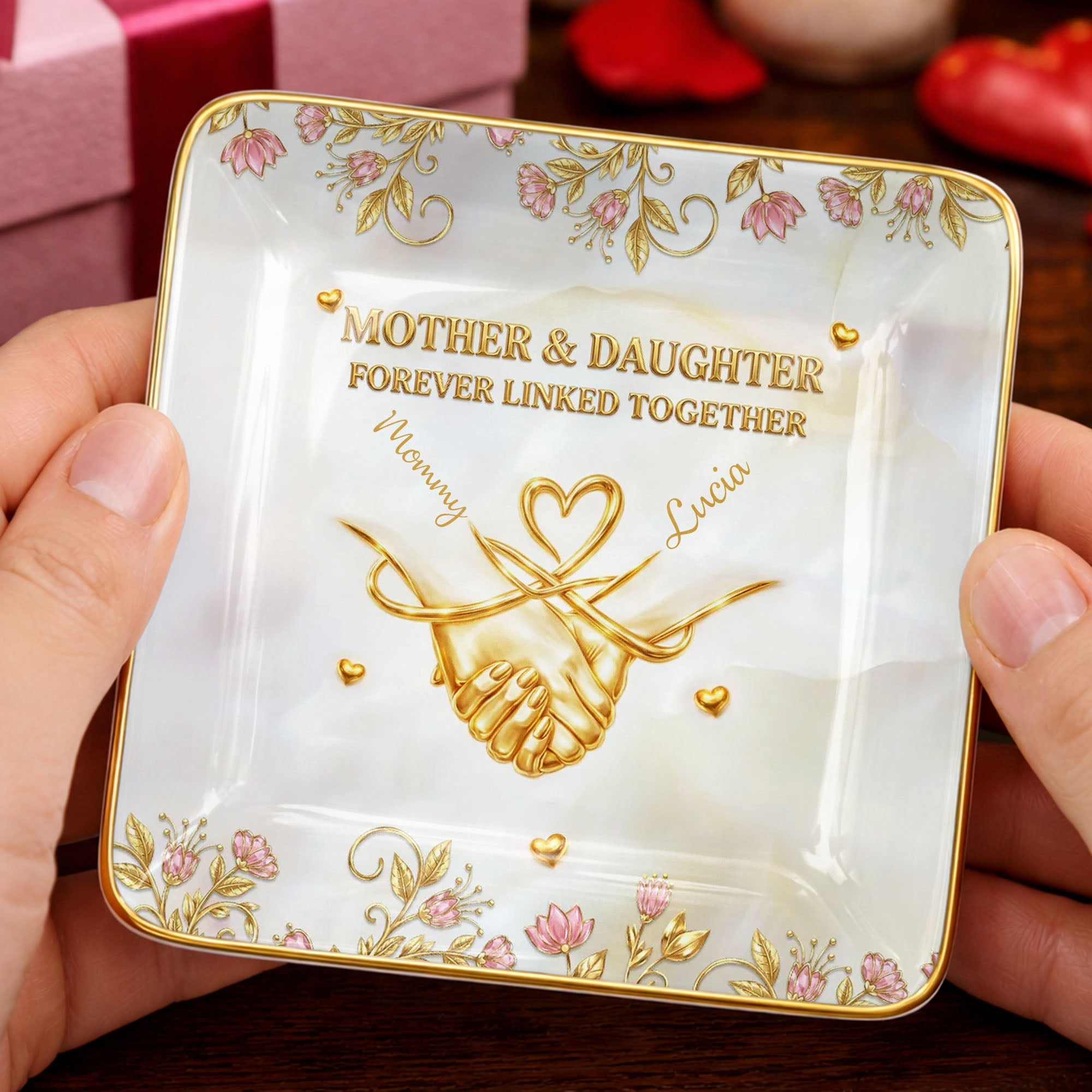Mother And Daughter Forever Linked Together Holding Hands And Flowers - Personalized Custom Jewelry Dish, Ceramic Dish, Square Shape - MOM163_SCRF