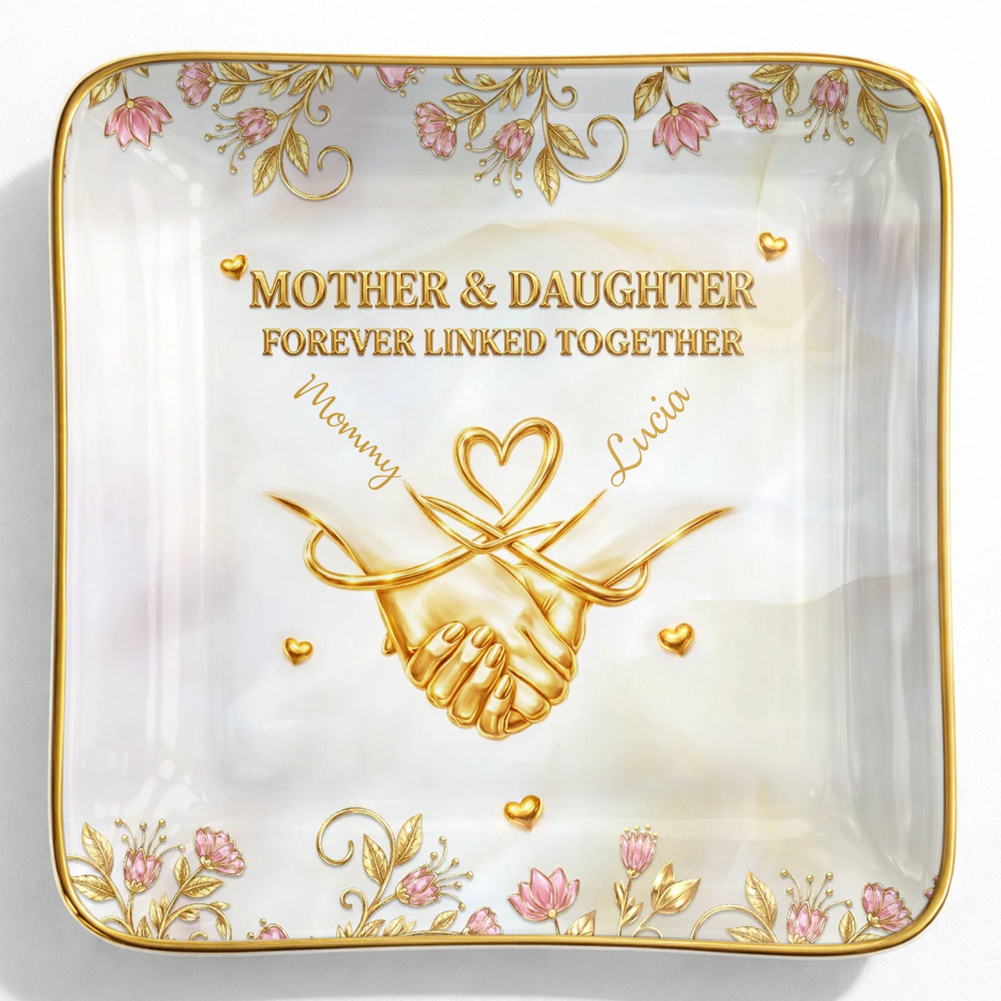 Mother And Daughter Forever Linked Together Holding Hands And Flowers - Personalized Custom Jewelry Dish, Ceramic Dish, Square Shape - MOM163_SCRF