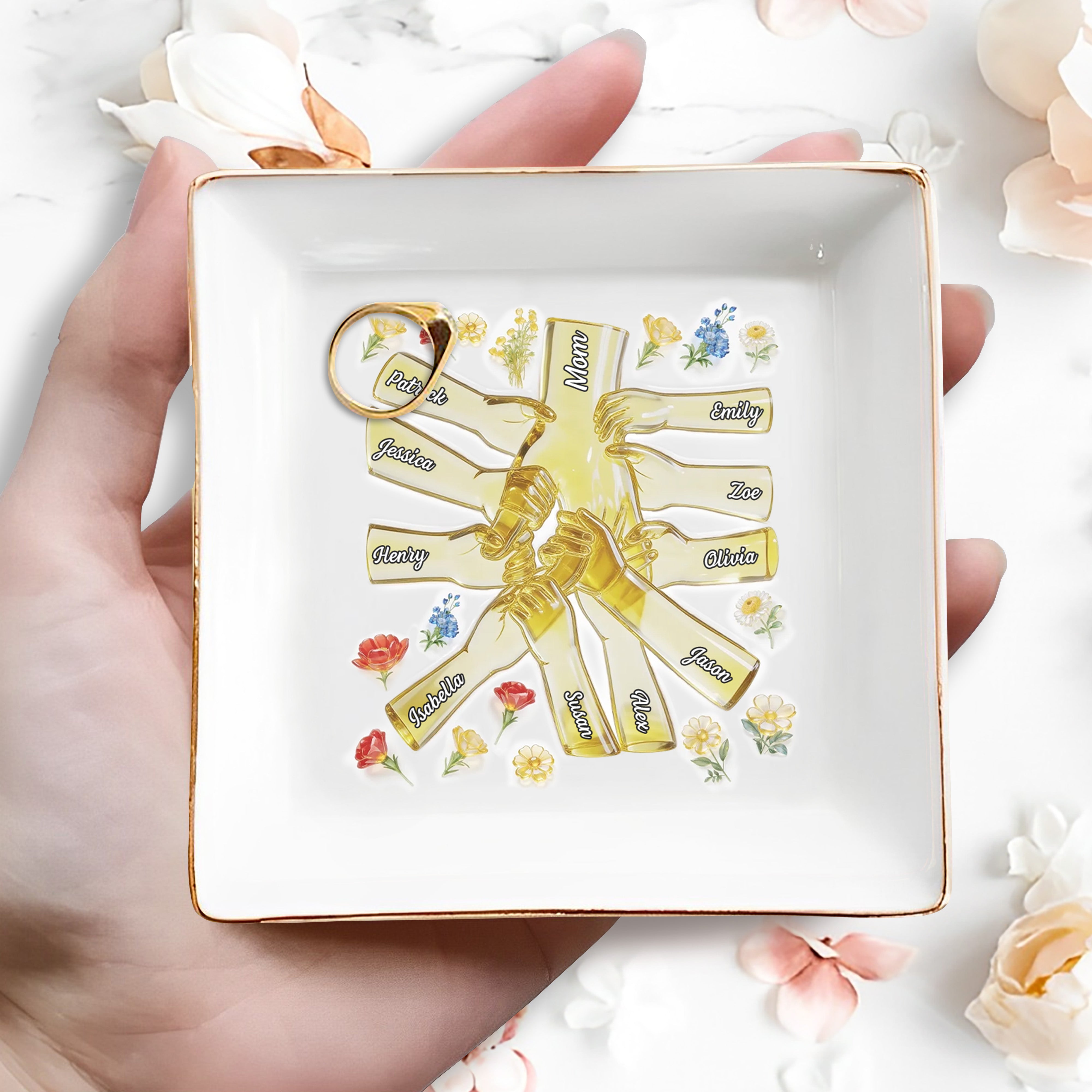 Our Family Bond, Holding Hands With Flowers - Personalized Custom Jewelry Dish, Square Ceramic Dish - MOM166_SCRD