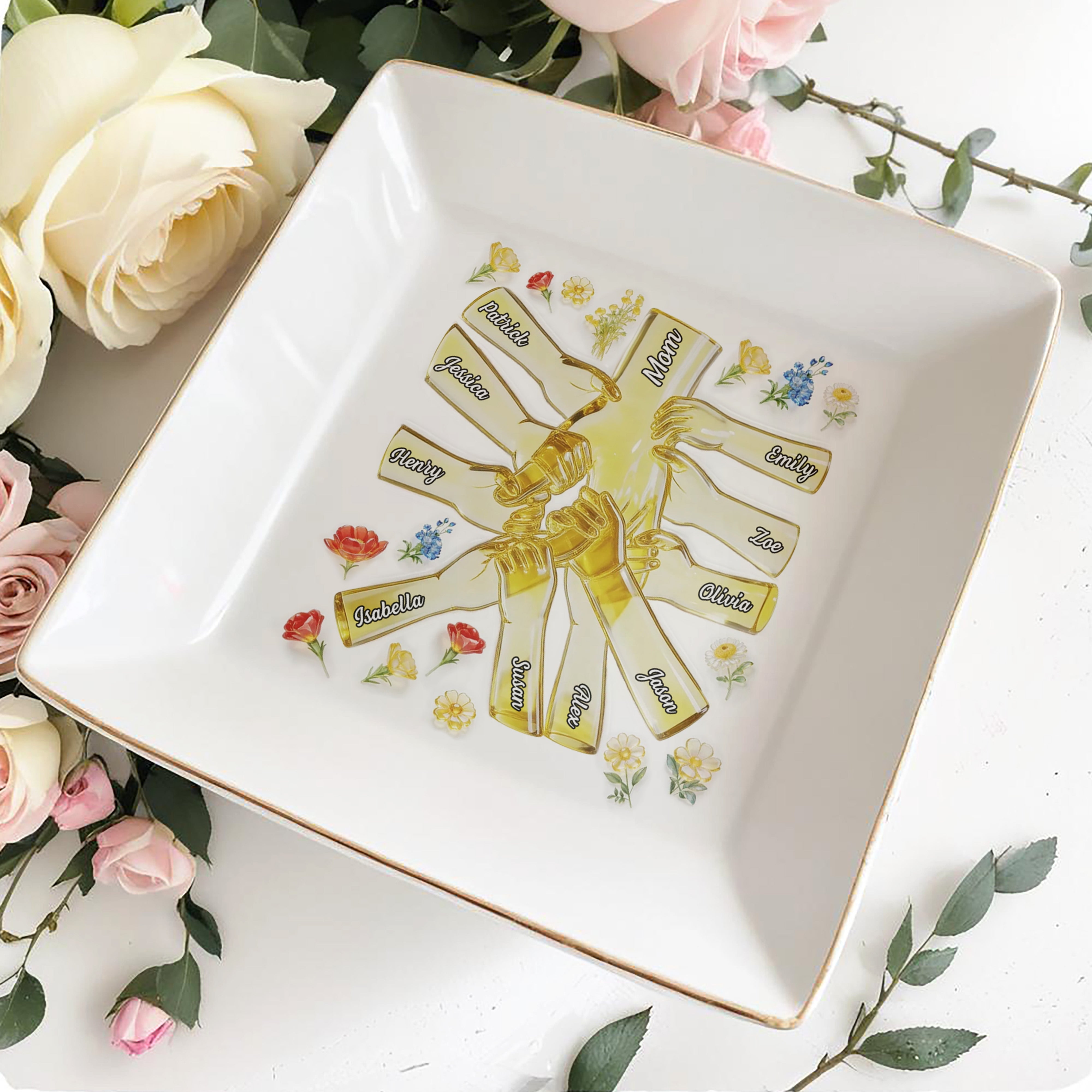 Our Family Bond, Holding Hands With Flowers - Personalized Custom Jewelry Dish, Square Ceramic Dish - MOM166_SCRD
