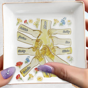 Our Family Bond, Holding Hands With Flowers - Personalized Custom Jewelry Dish, Square Ceramic Dish - MOM166_SCRD
